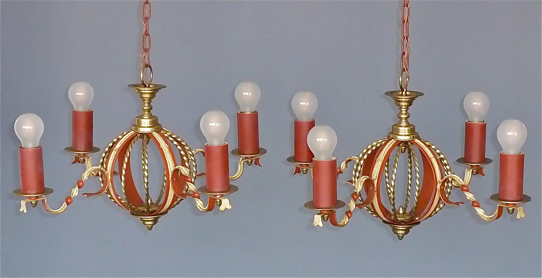 Mid-20th Century Large French Poillerat Style Globe Chandelier Wrought Iron Brass 1950s no.1 of 2 For Sale