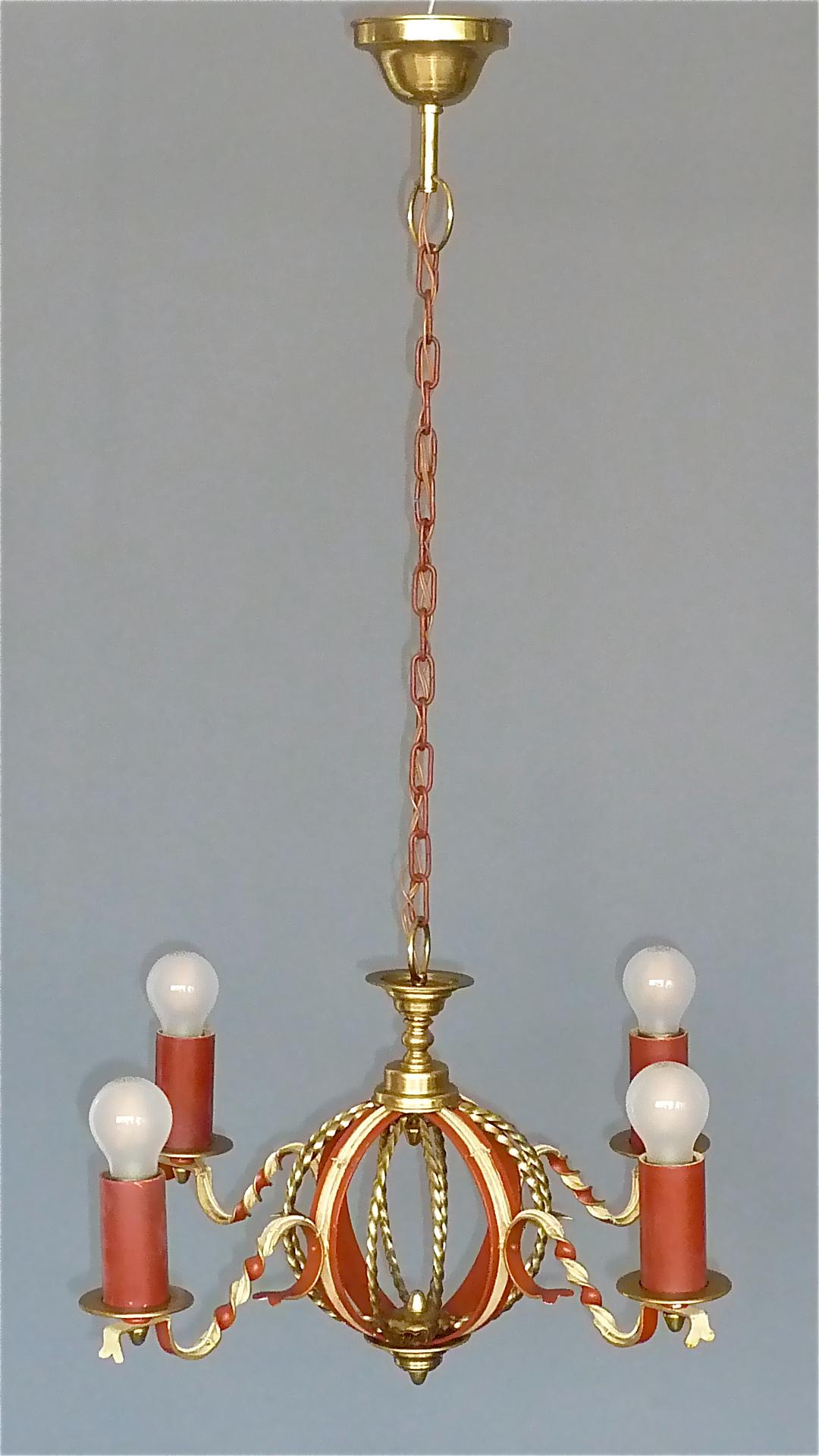 Large French Poillerat Style Globe Chandelier Wrought Iron Brass 1950s no.1 of 2 For Sale 1