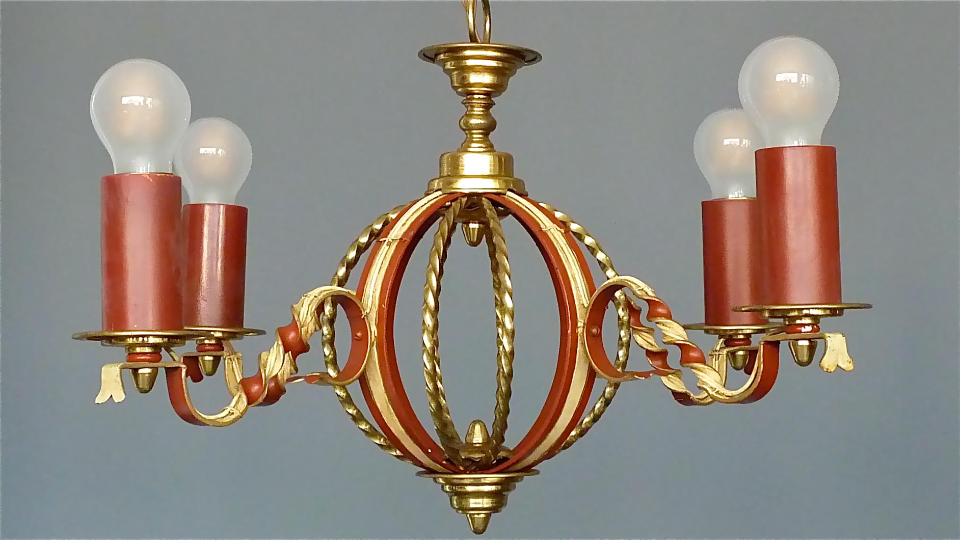 Enameled Large French Poillerat Style Globe Chandelier Wrought Iron Brass 1950s no.2 of 2 For Sale
