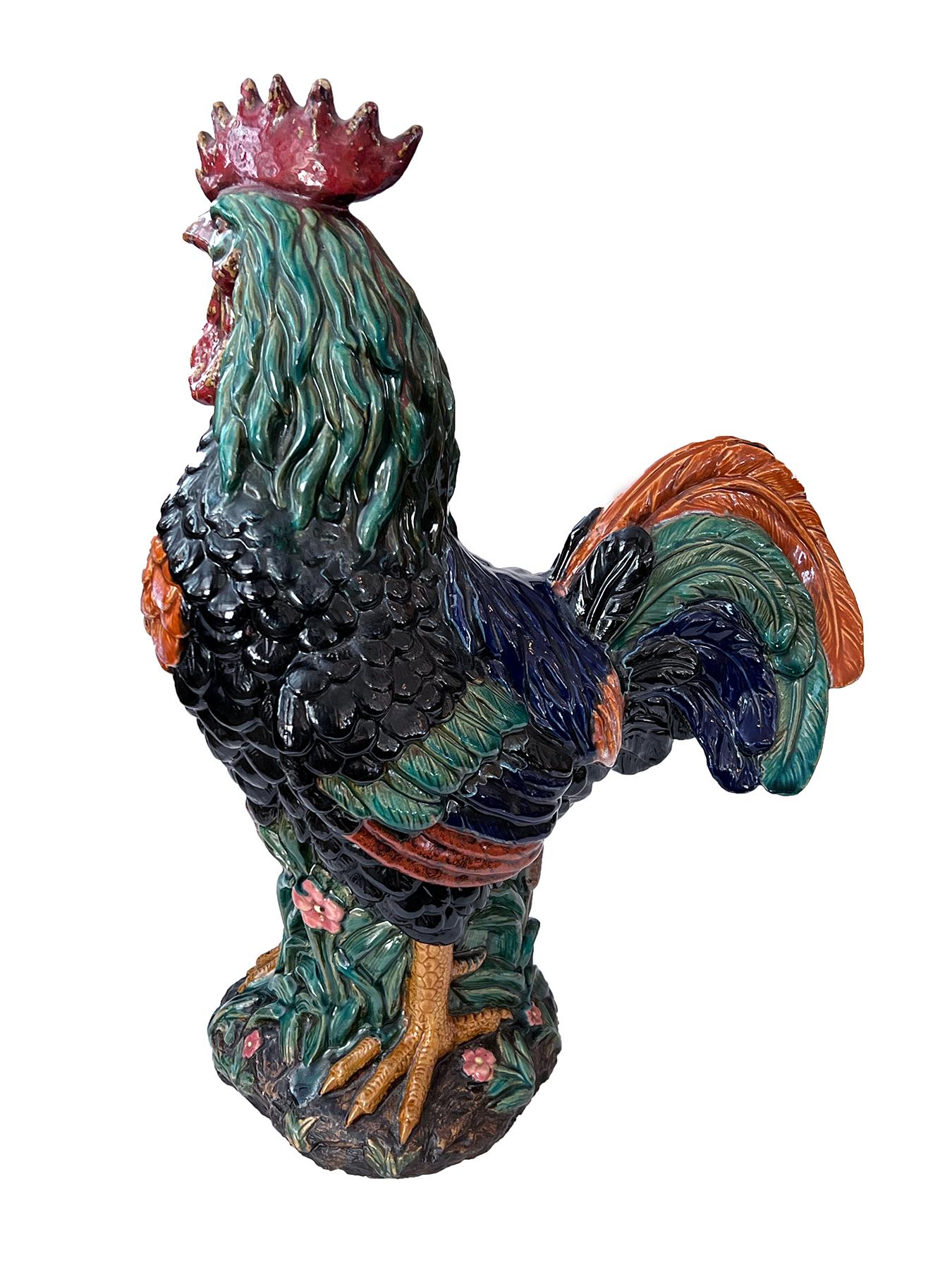 French Provincial Large French Polychromed Ceramic Rooster in the Manner of Choisy-le-Roi For Sale
