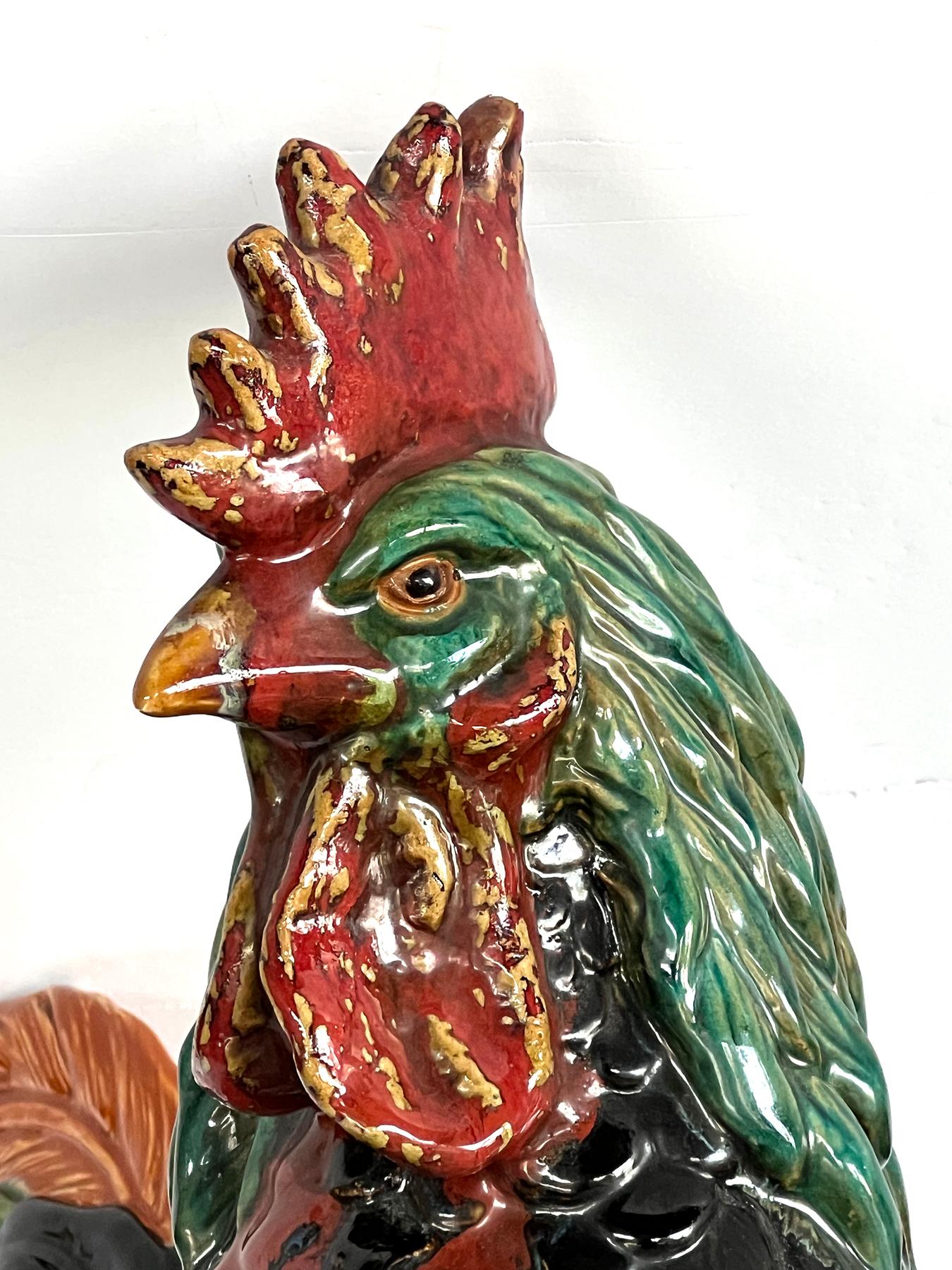 Glazed Large French Polychromed Ceramic Rooster in the Manner of Choisy-le-Roi For Sale