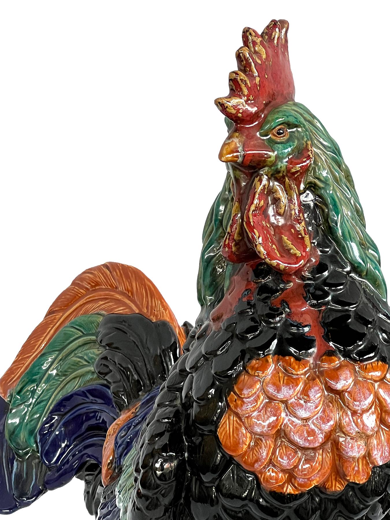 Large French Polychromed Ceramic Rooster in the Manner of Choisy-le-Roi In Good Condition For Sale In San Francisco, CA