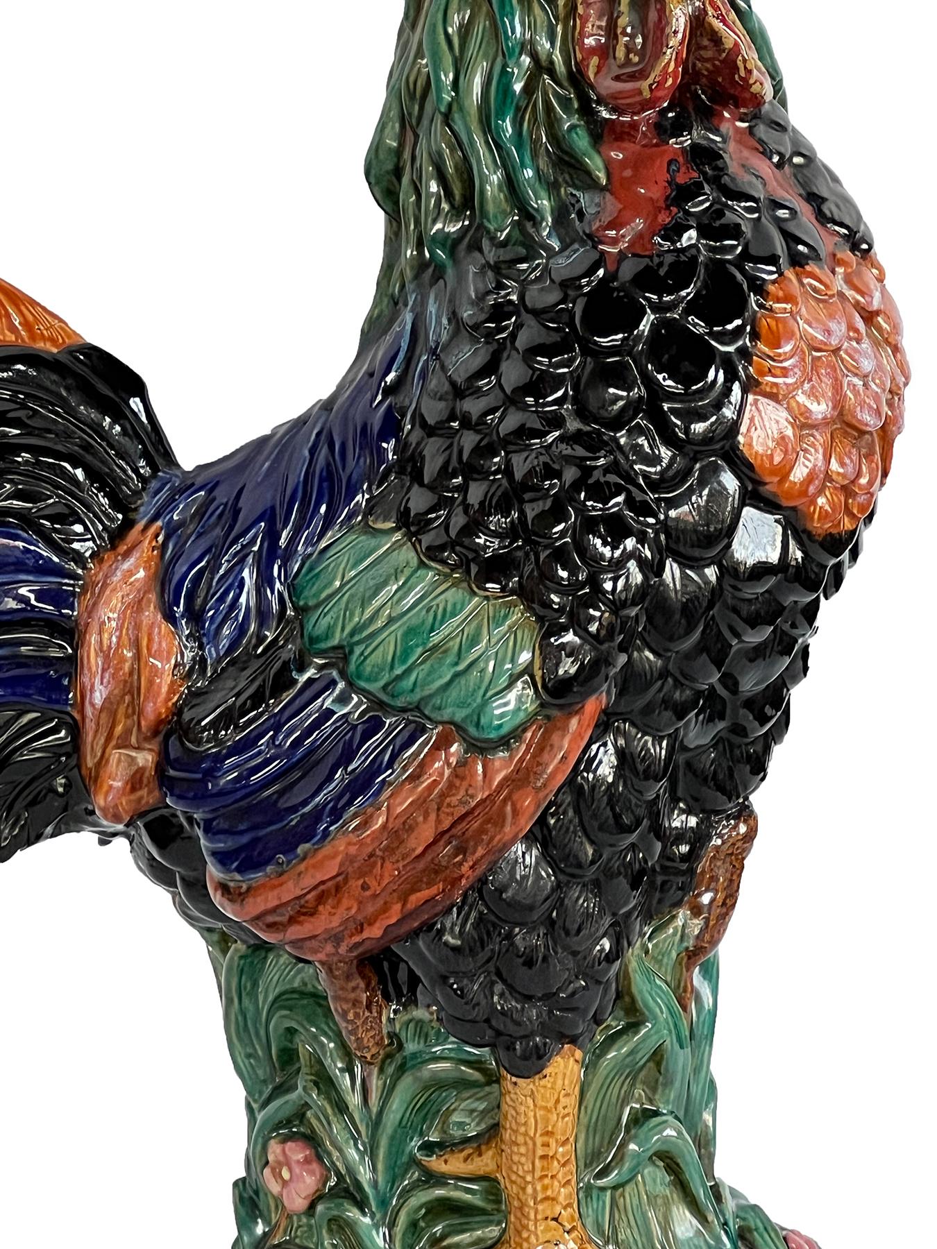 20th Century Large French Polychromed Ceramic Rooster in the Manner of Choisy-le-Roi For Sale
