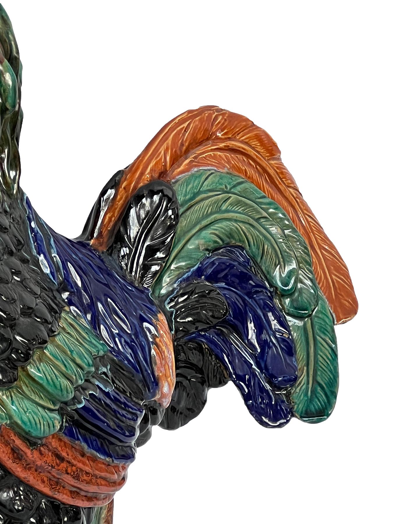 Large French Polychromed Ceramic Rooster in the Manner of Choisy-le-Roi For Sale 1