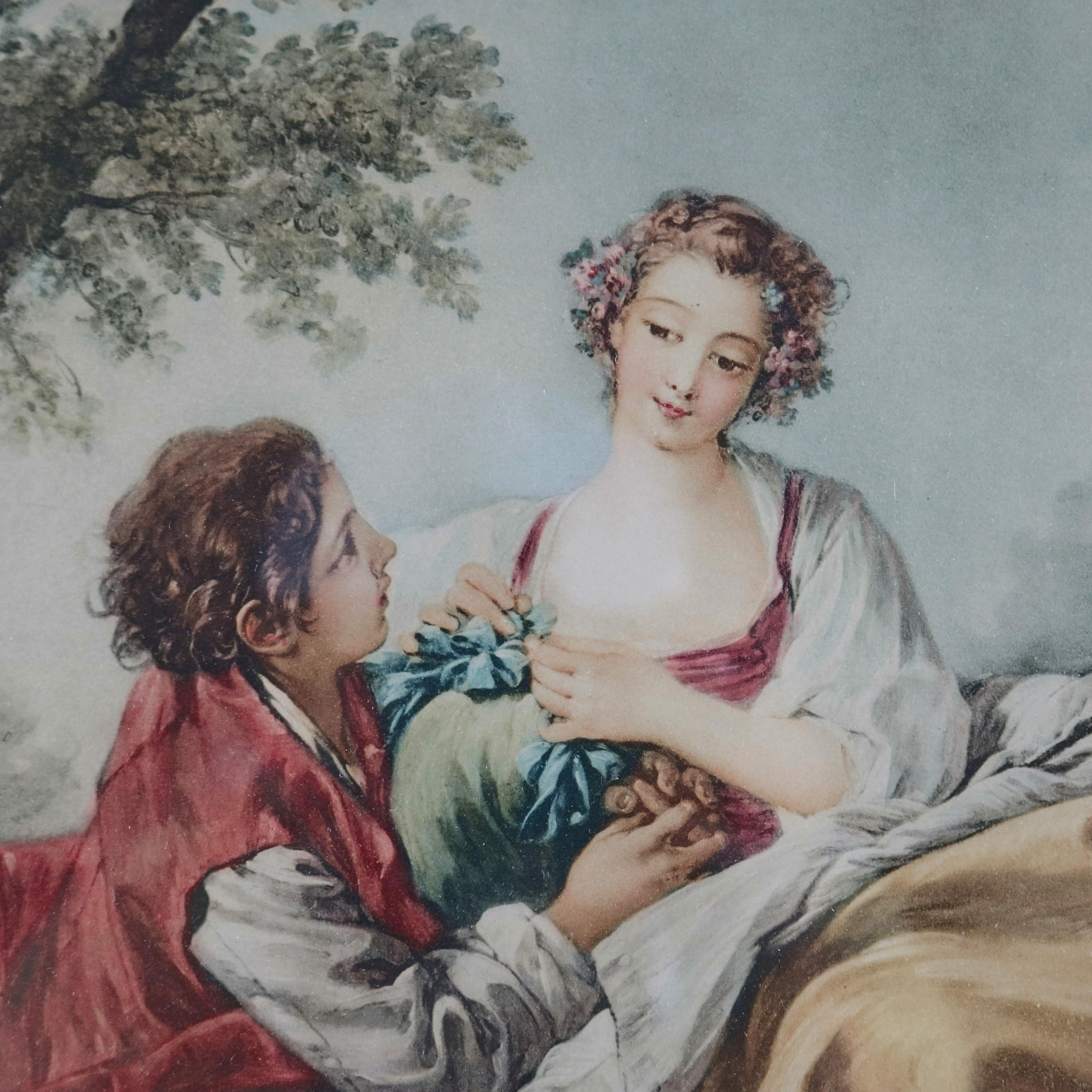 A large French print of La Musette after Boucher François depicts courting scene in countryside setting, framed and matted, 20th century

Measures - 24