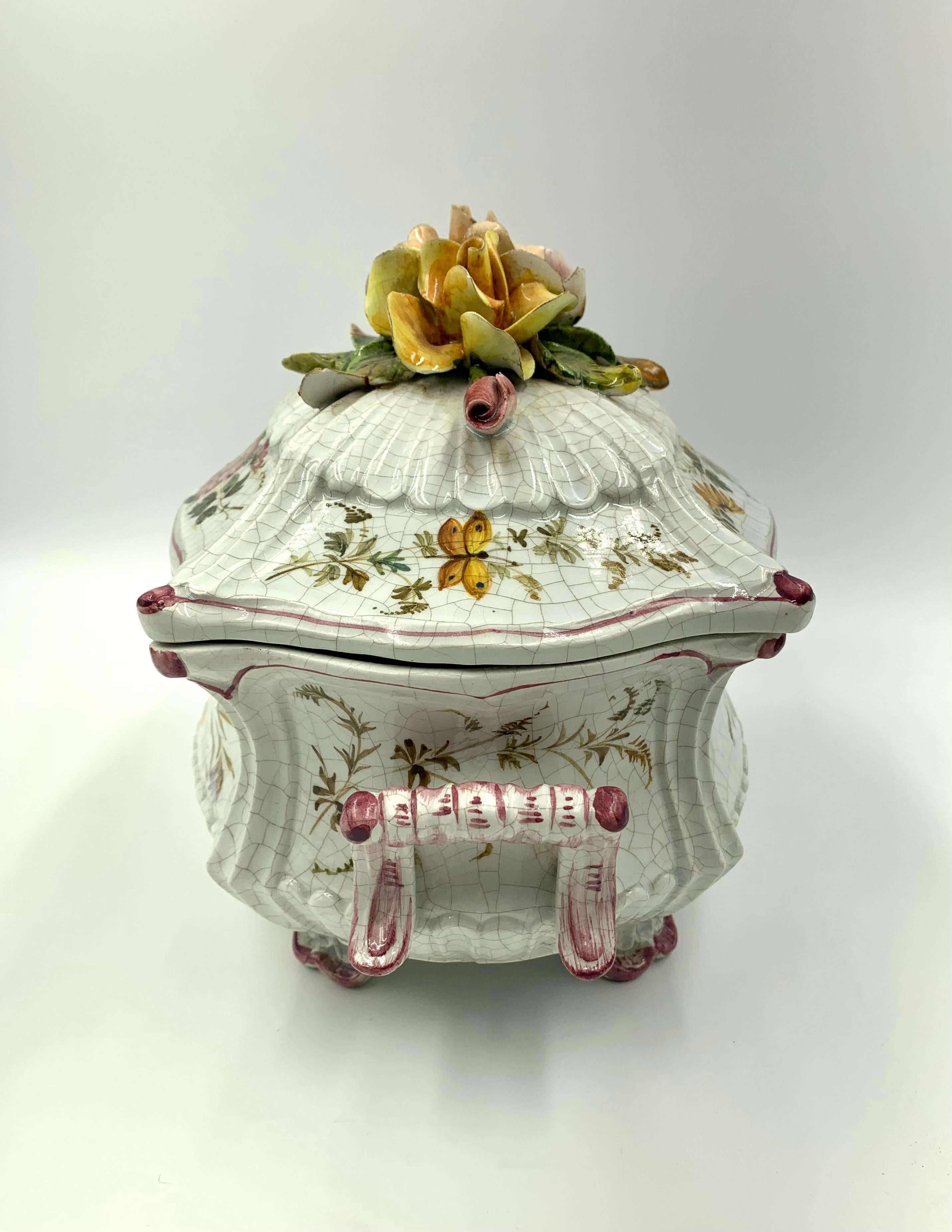 Large French Provincial Faience Hand Painted Flower, Butterfly, Dragonfly Box For Sale 6