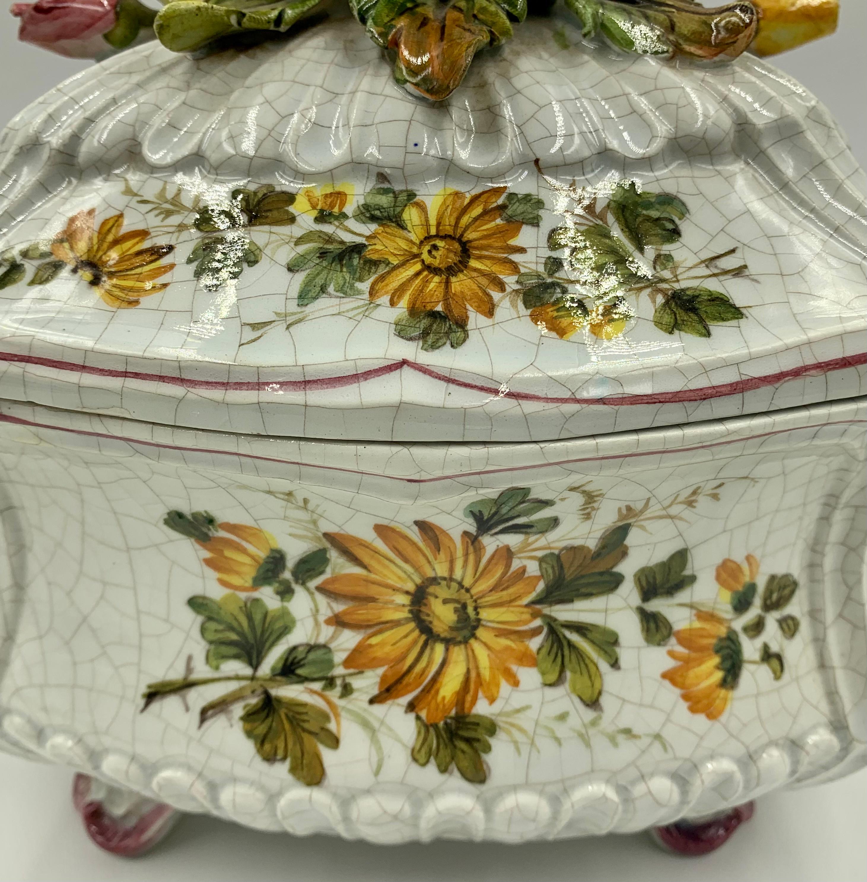 Large French Provincial Faience Hand Painted Flower, Butterfly, Dragonfly Box In Good Condition For Sale In New York, NY