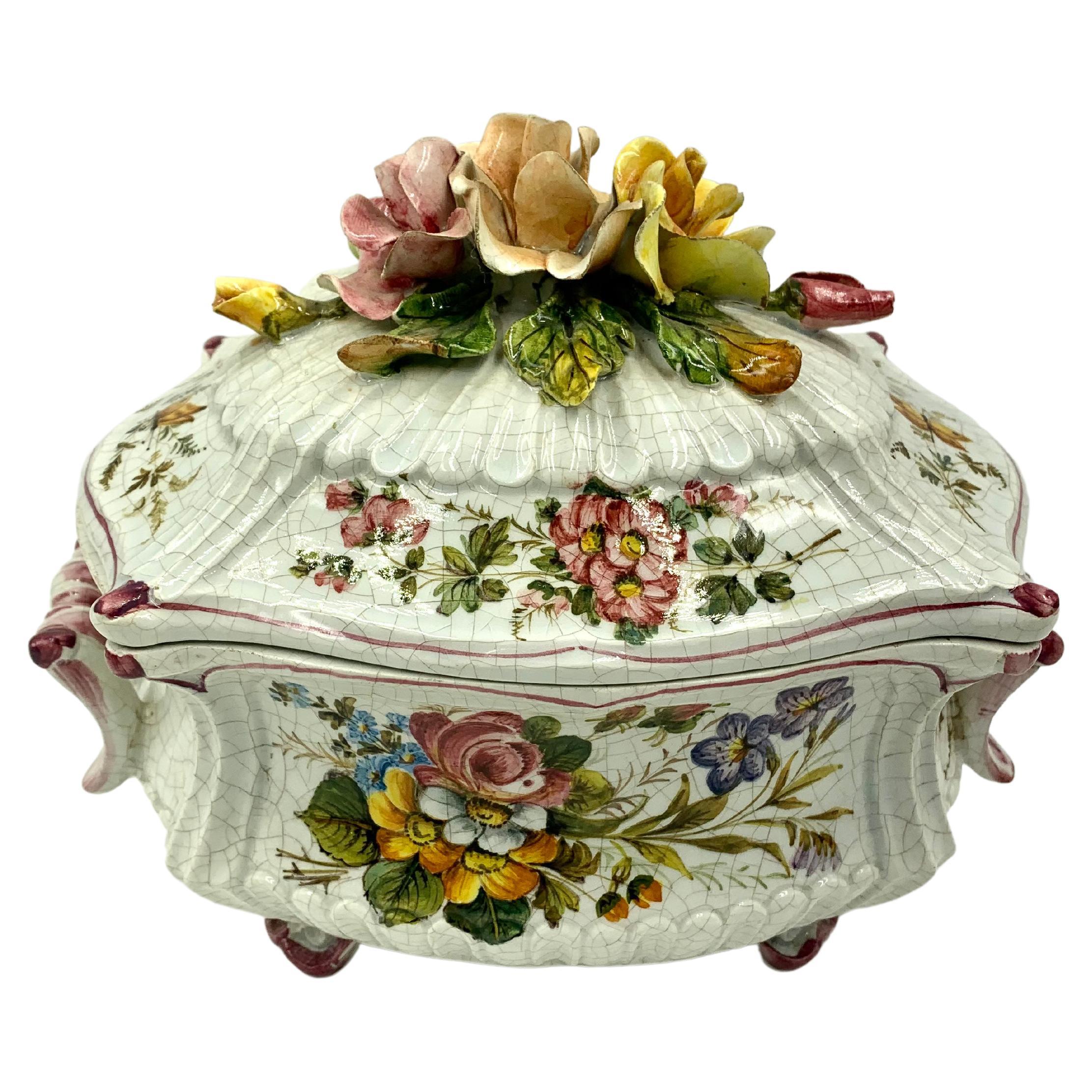Large French Provincial Faience Hand Painted Flower, Butterfly, Dragonfly Box For Sale