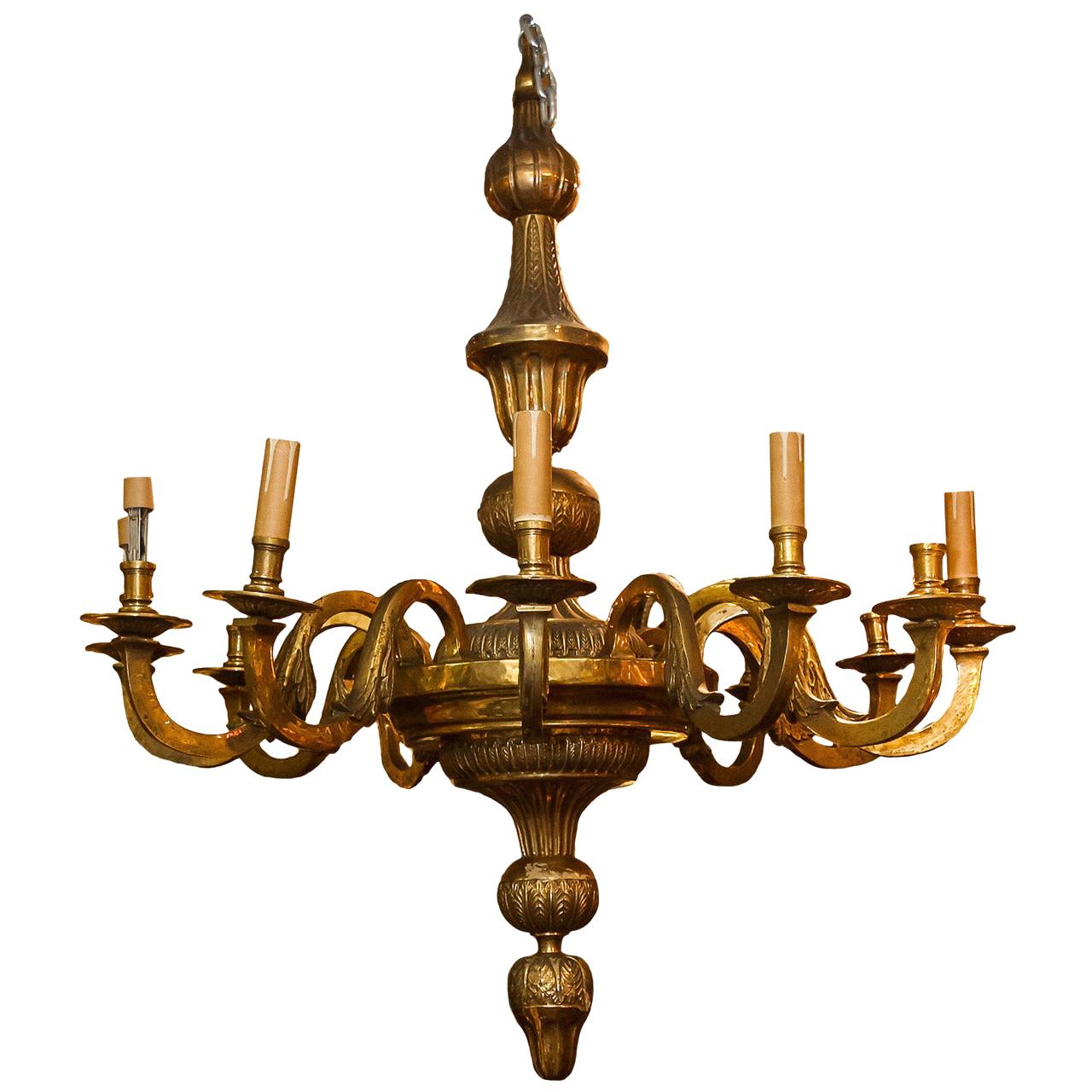 Grand lustre provincial français en bronze doré à 12 lampes