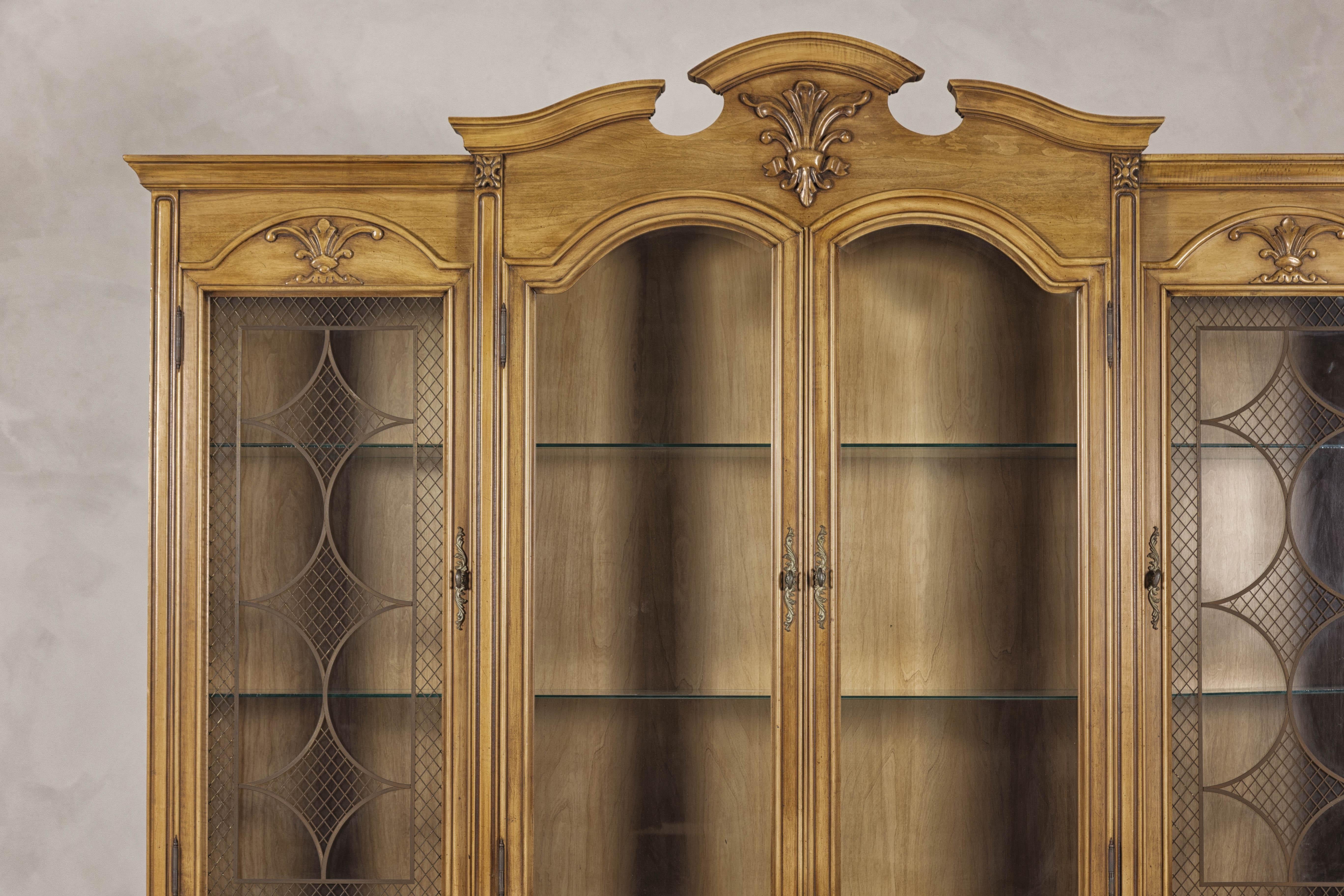 20th Century Large French Provincial Style China Cabinet in Hardwood Finish, USA Wired For Sale