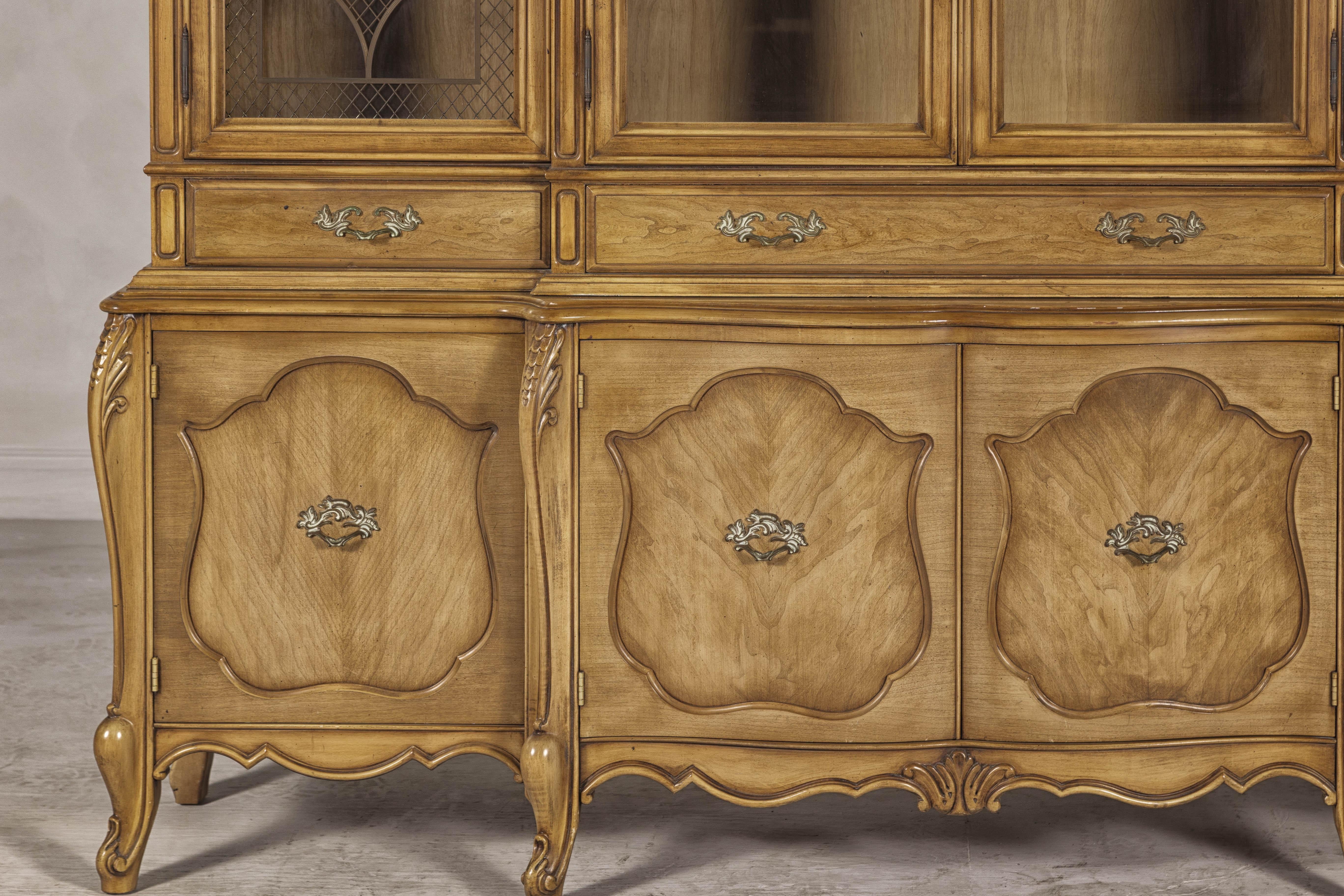 Glass Large French Provincial Style China Cabinet in Hardwood Finish, USA Wired For Sale