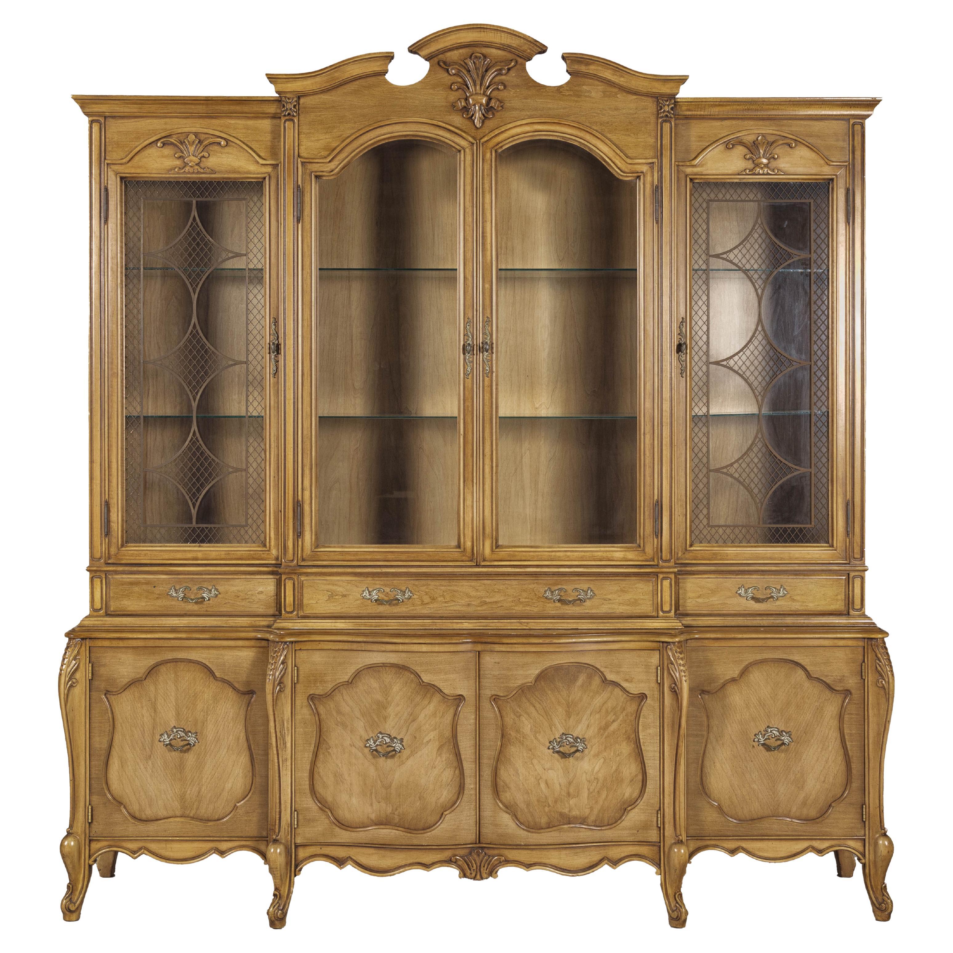 Large French Provincial Style China Cabinet in Hardwood Finish, USA Wired