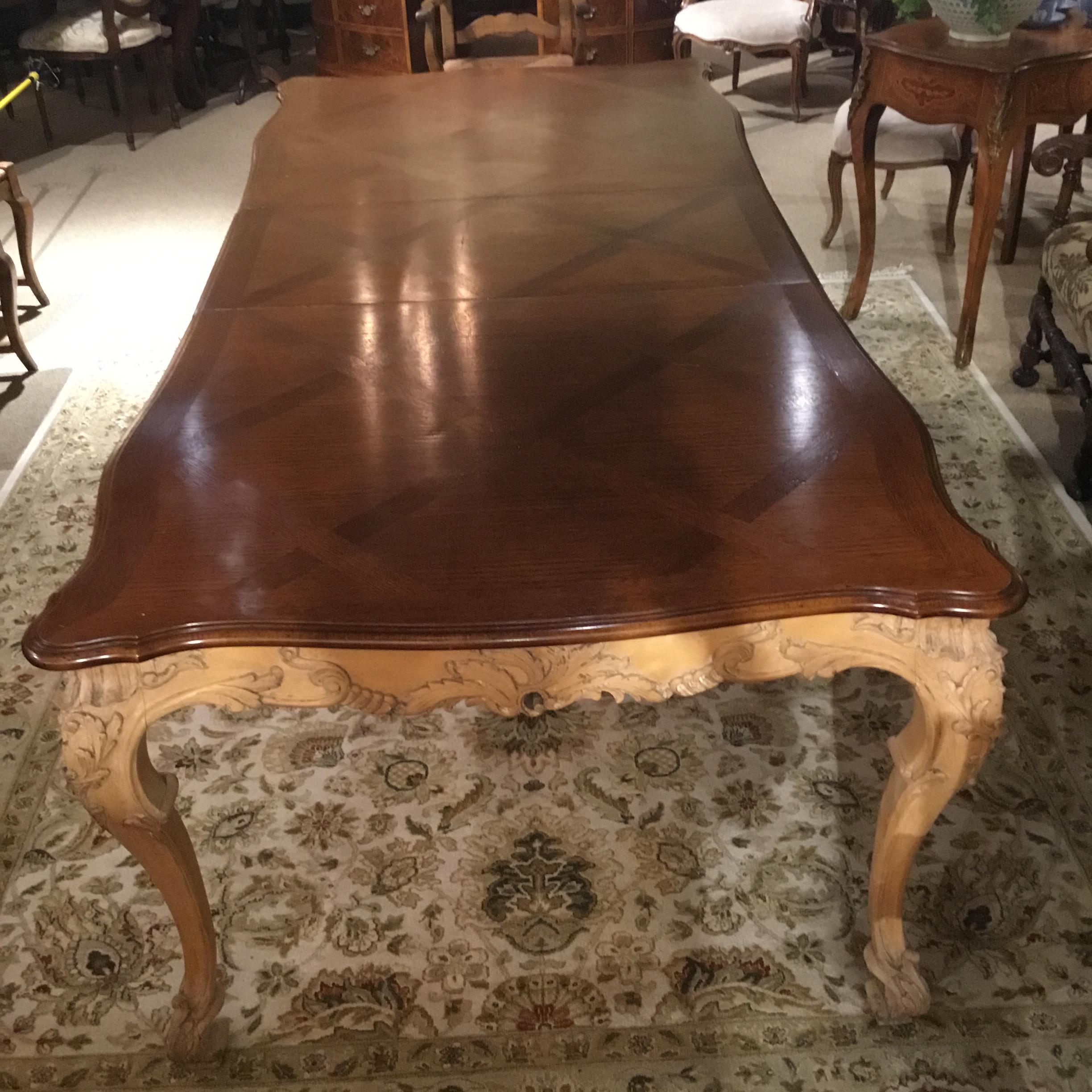 Large French Provincial Style Dining Table with Parquetry Top, Louis XV Style 1