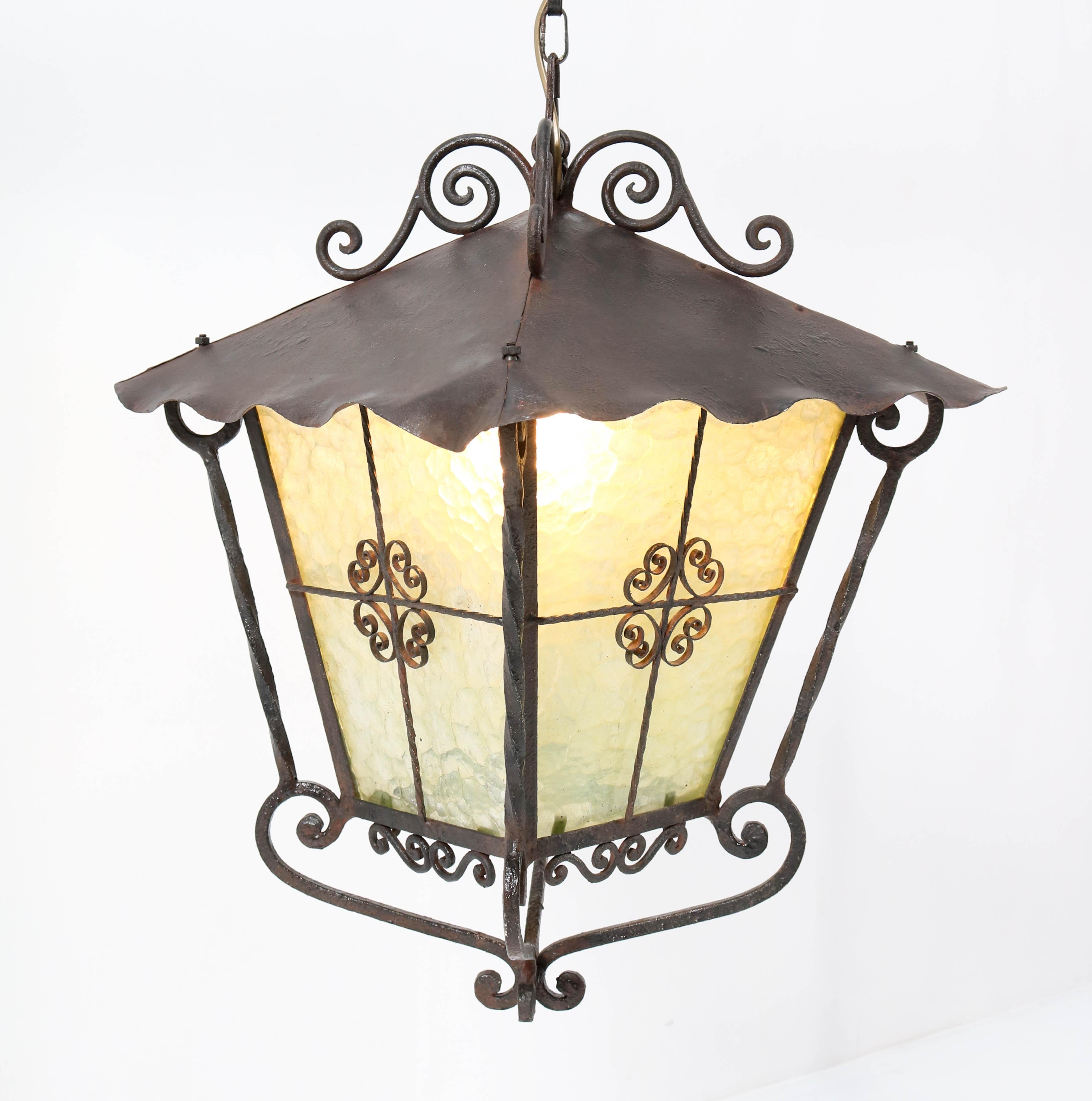 Glass Large French Provincial Wrought Iron Lantern, 1950s For Sale