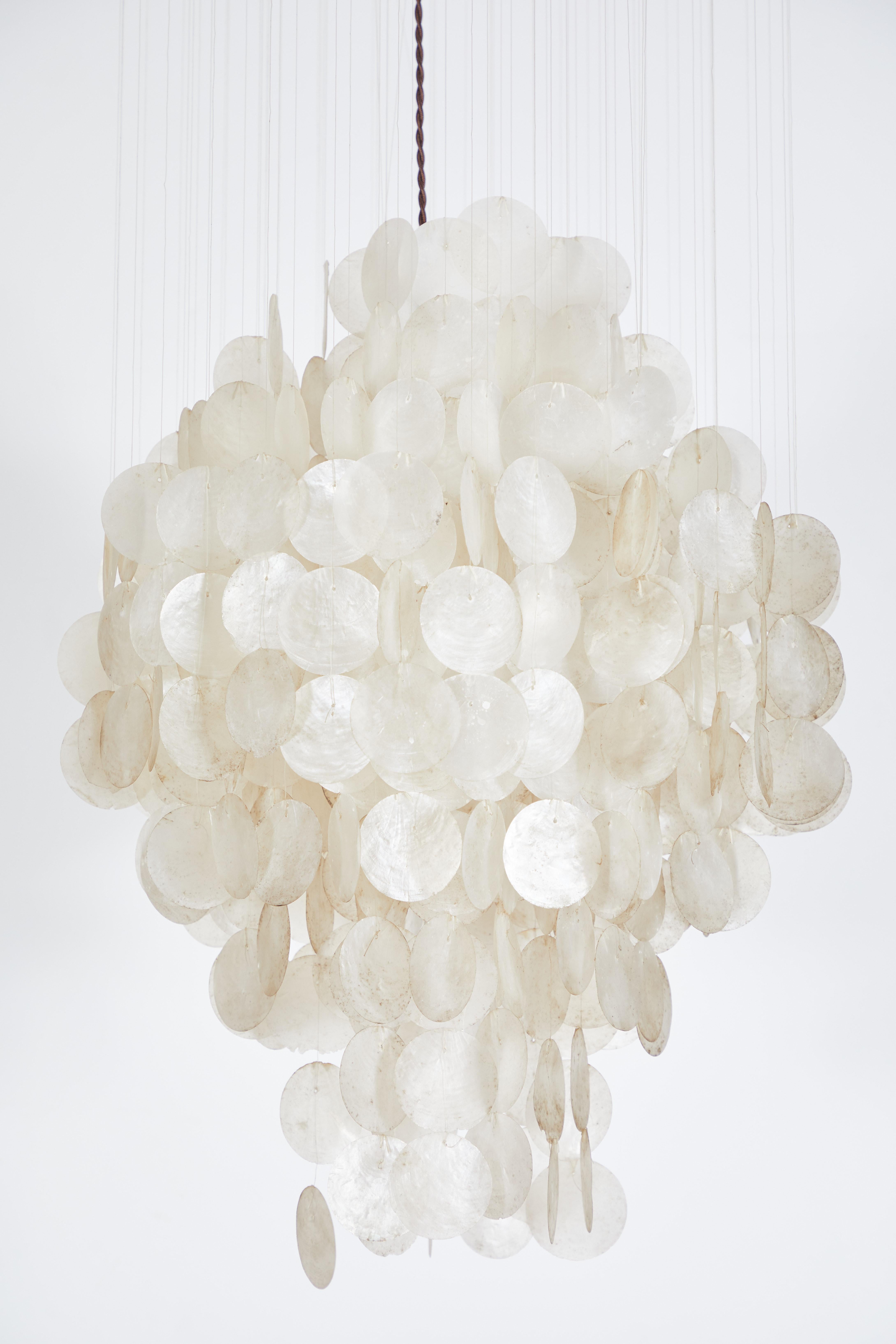 Large French Puca Shell Capiz Pendant, two large clusters of shells held together with round wooden base.