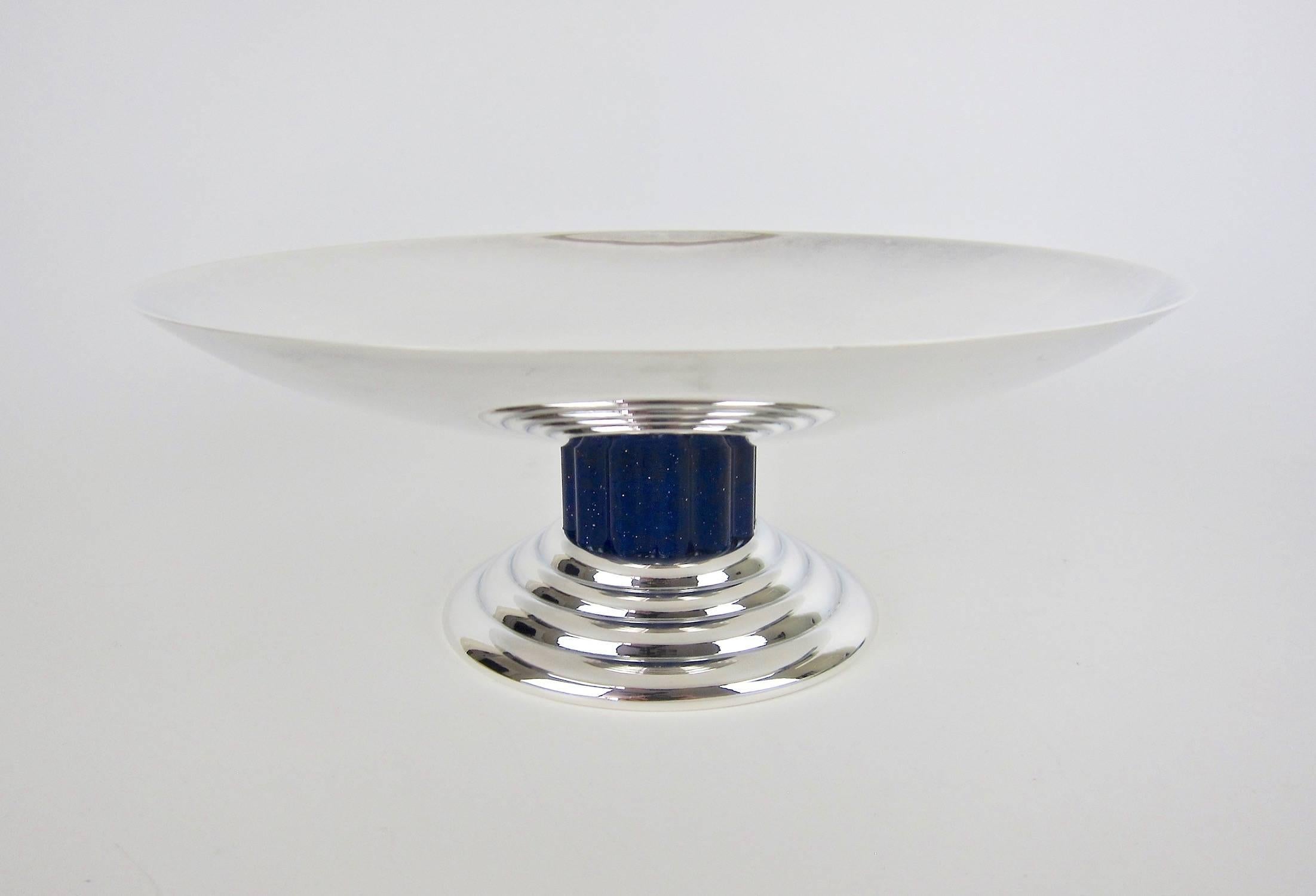 Large French Puiforcat Art Deco Tazza in Silverplate with Faux Lapis Lazuli Stem In Good Condition In Los Angeles, CA
