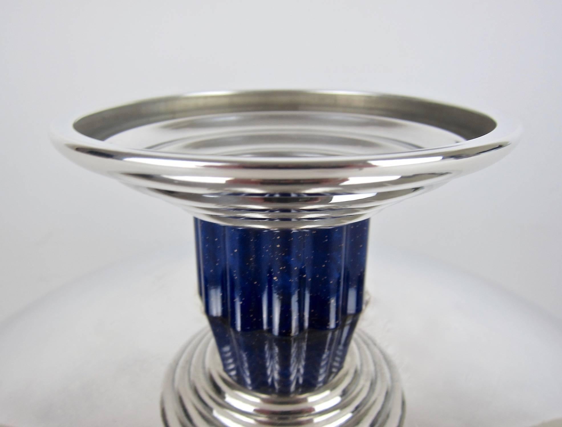 Large French Puiforcat Art Deco Tazza in Silverplate with Faux Lapis Lazuli Stem 1