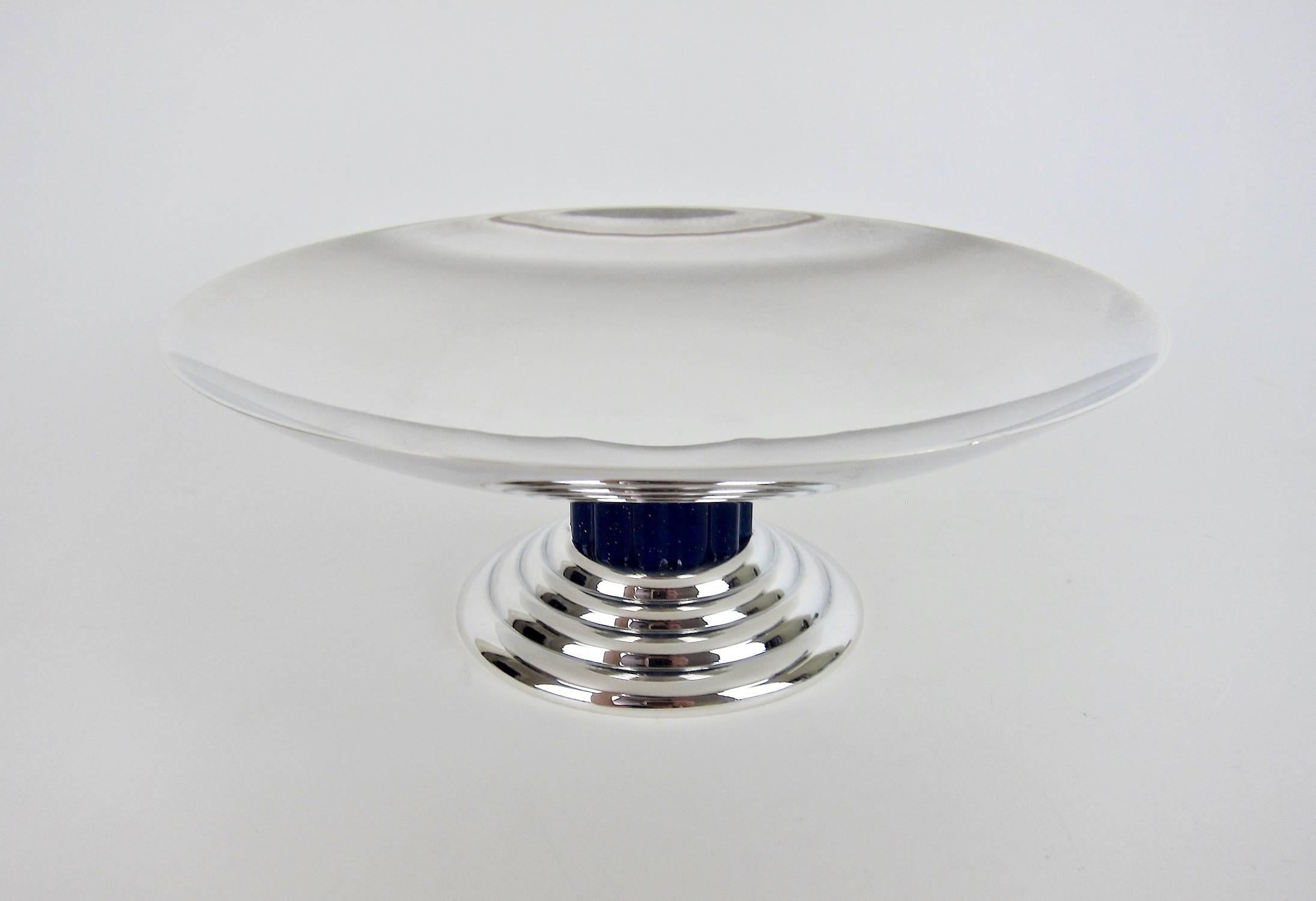 Large French Puiforcat Art Deco Tazza in Silverplate with Faux Lapis Lazuli Stem 2