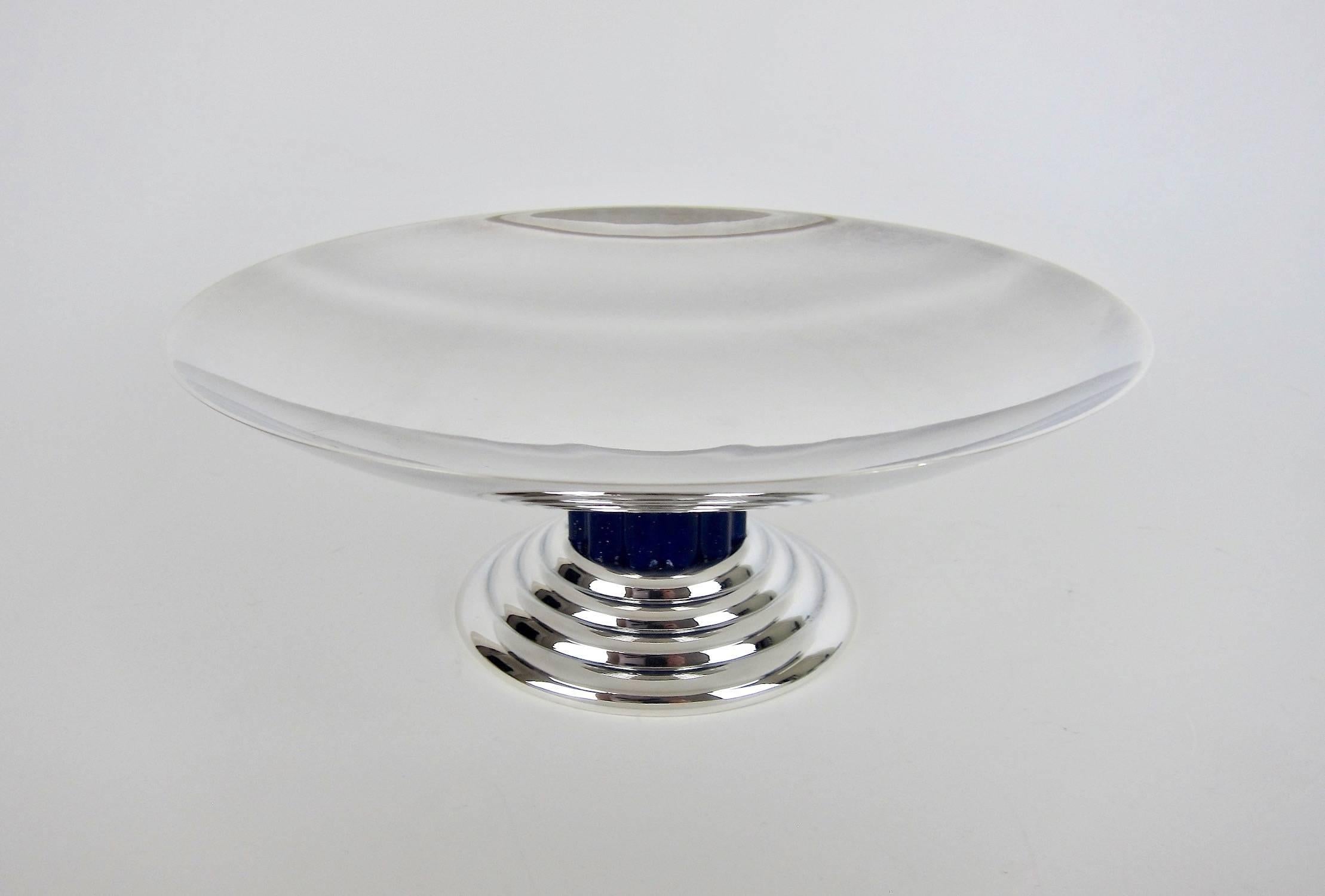 Large French Puiforcat Art Deco Tazza in Silverplate with Faux Lapis Lazuli Stem 3