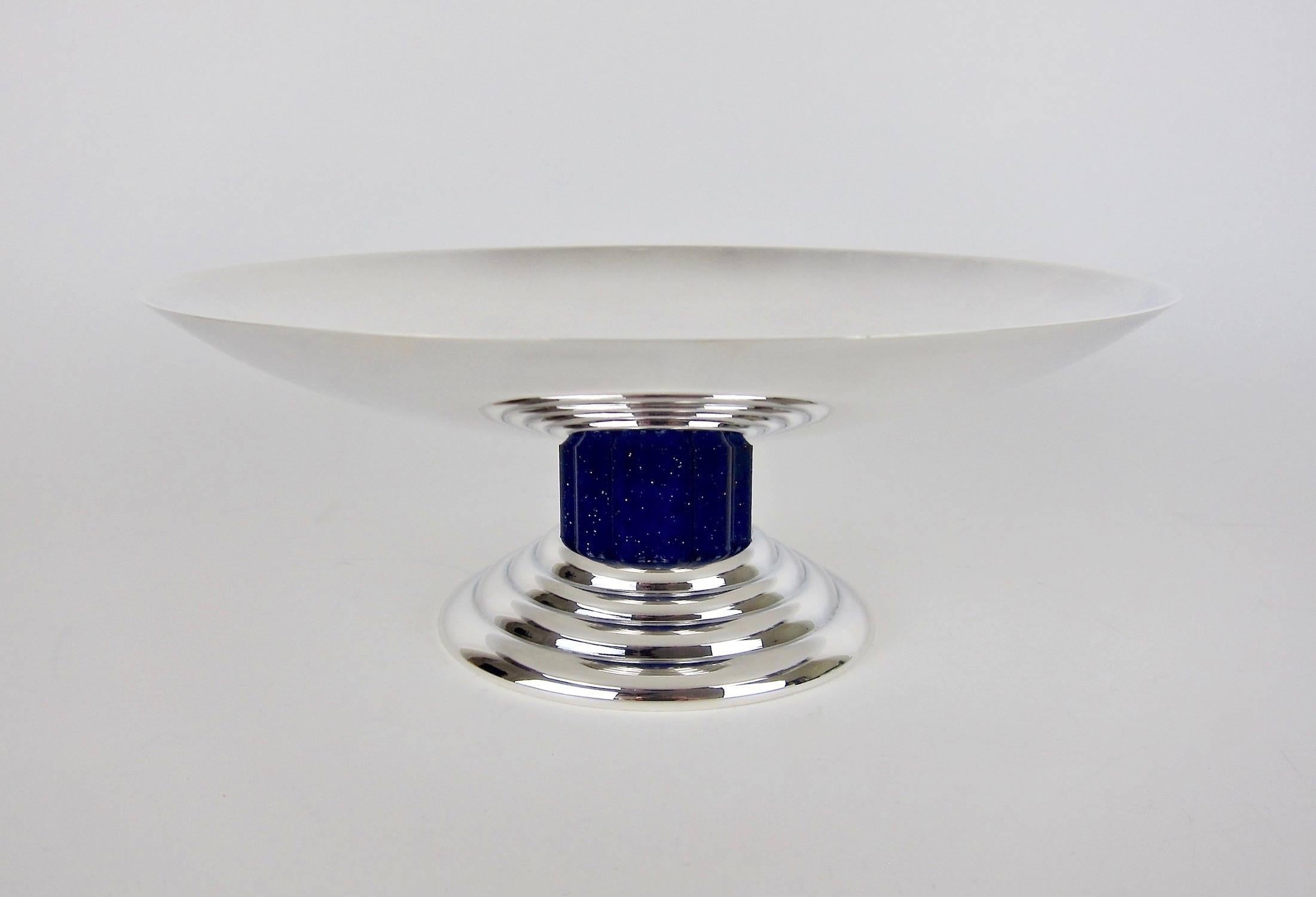 Large French Puiforcat Art Deco Tazza in Silverplate with Faux Lapis Lazuli Stem 4