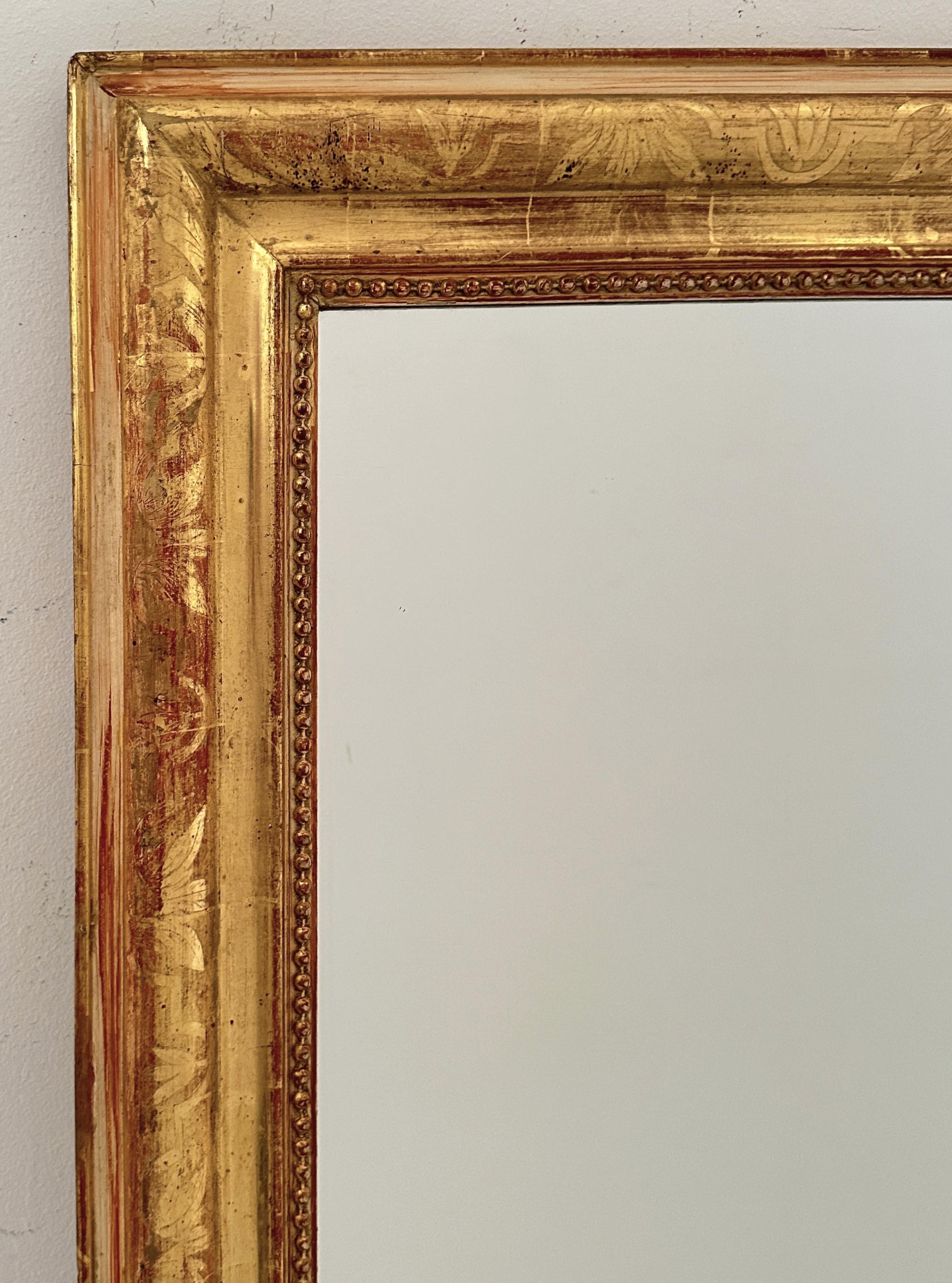19th Century Large French Rectangular Gilt Wall or Dressing Room Mirror (H 59 3/8 x W 32 1/4) For Sale