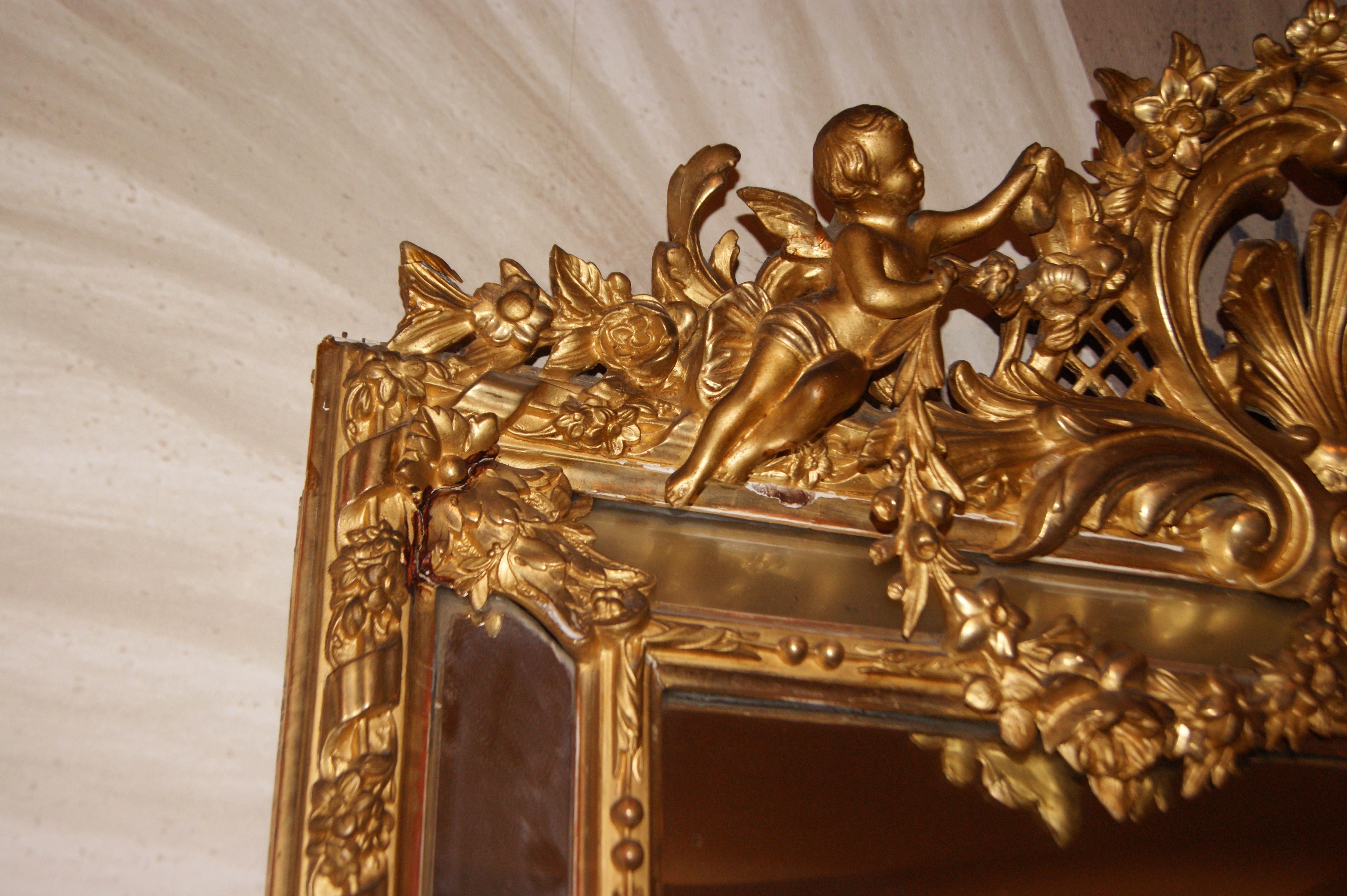 Large French Rectangular Vertical Mirror from the 1800s with Gilded Gold Leaf In Excellent Condition In Barletta, IT