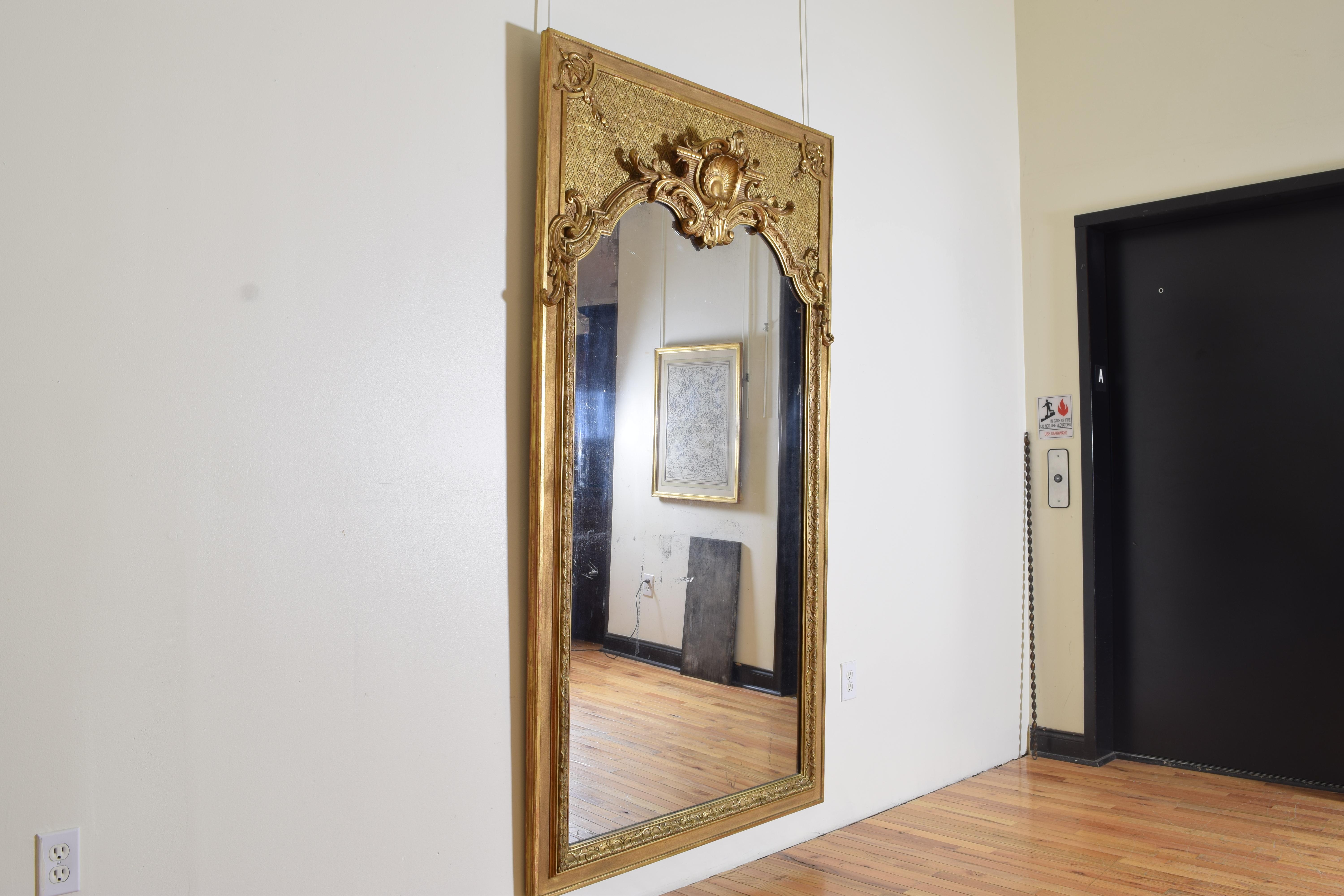 Louis XIV Large French Regence Style Carved Giltwood and Gilt-Gesso Mirror, 3rdq 19th cen.