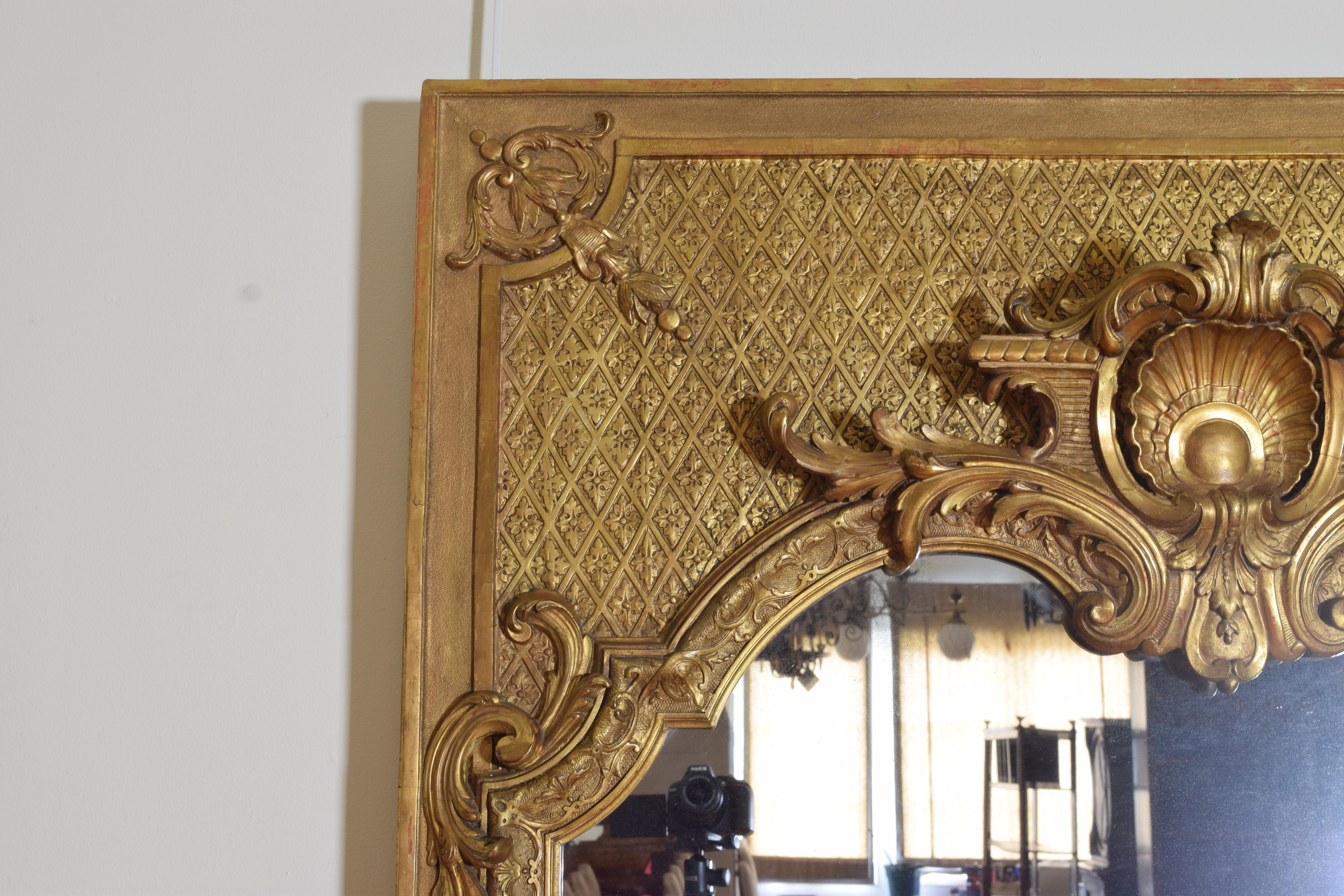 Late 19th Century Large French Regence Style Carved Giltwood and Gilt-Gesso Mirror, 3rdq 19th cen.