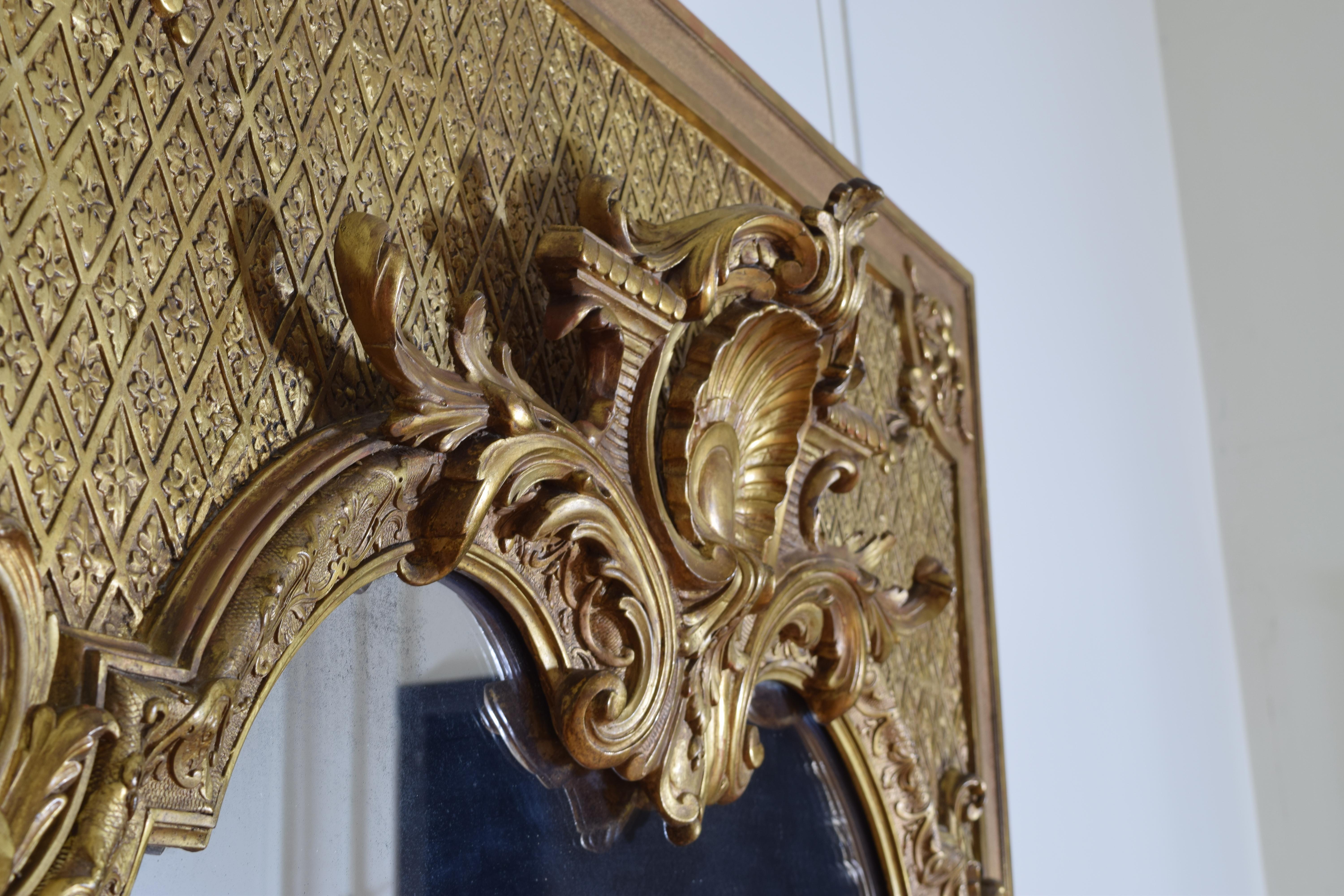 Large French Regence Style Carved Giltwood and Gilt-Gesso Mirror, 3rdq 19th cen. 1