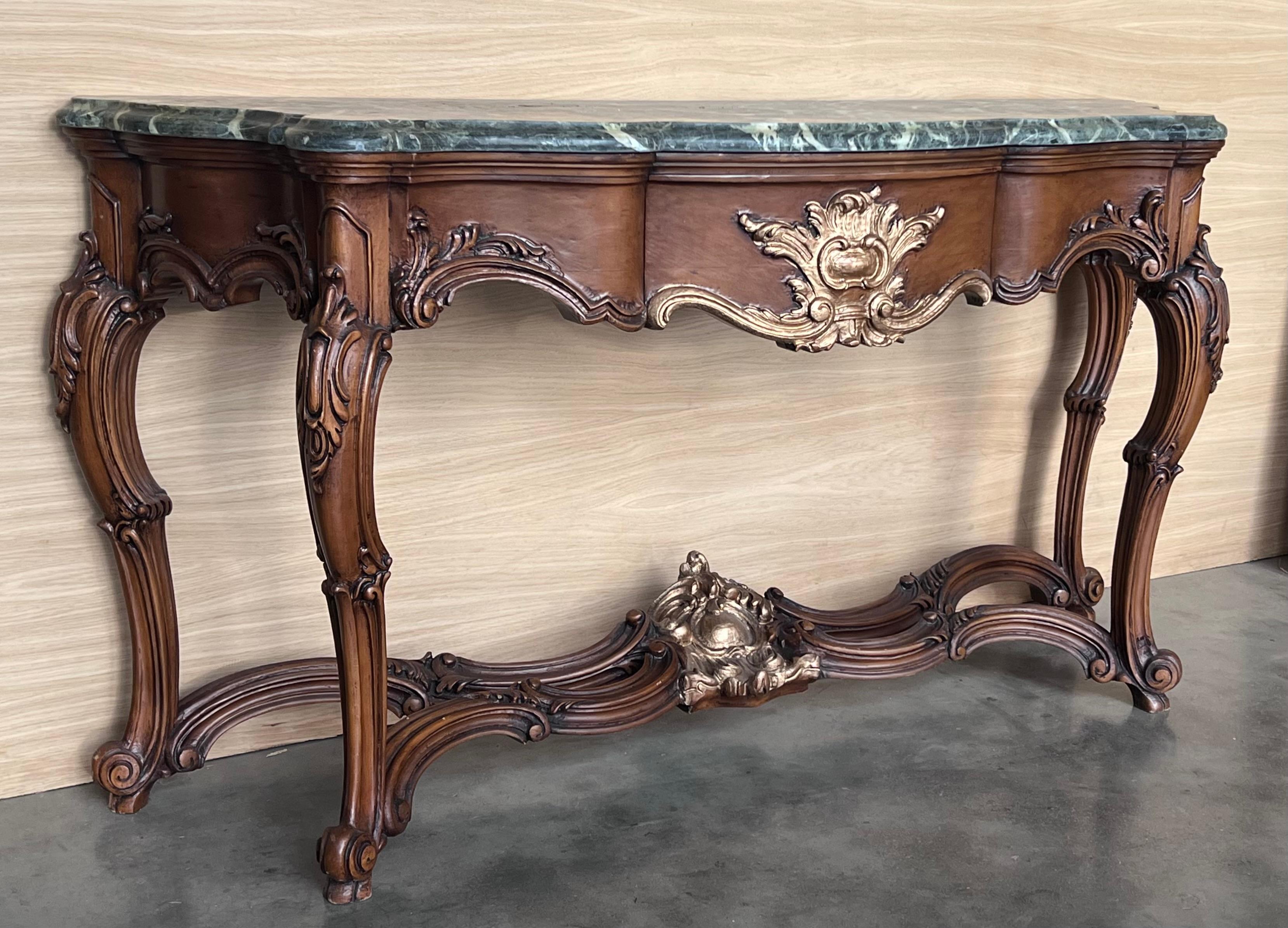 Large French Regency Carved Walnut Console Table with Gilted details and drawer In Good Condition For Sale In Miami, FL