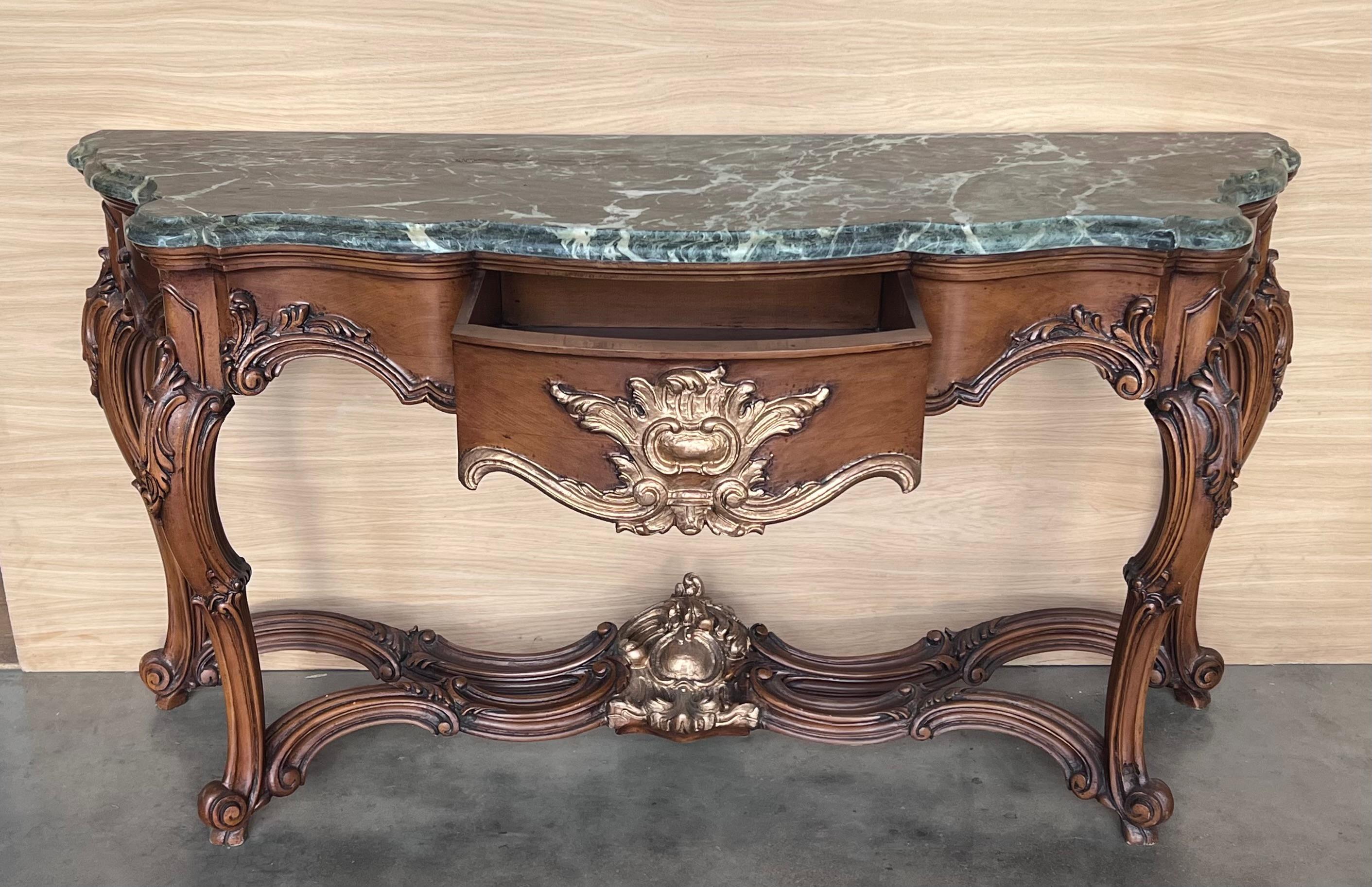 20th Century Large French Regency Carved Walnut Console Table with Gilted details and drawer For Sale