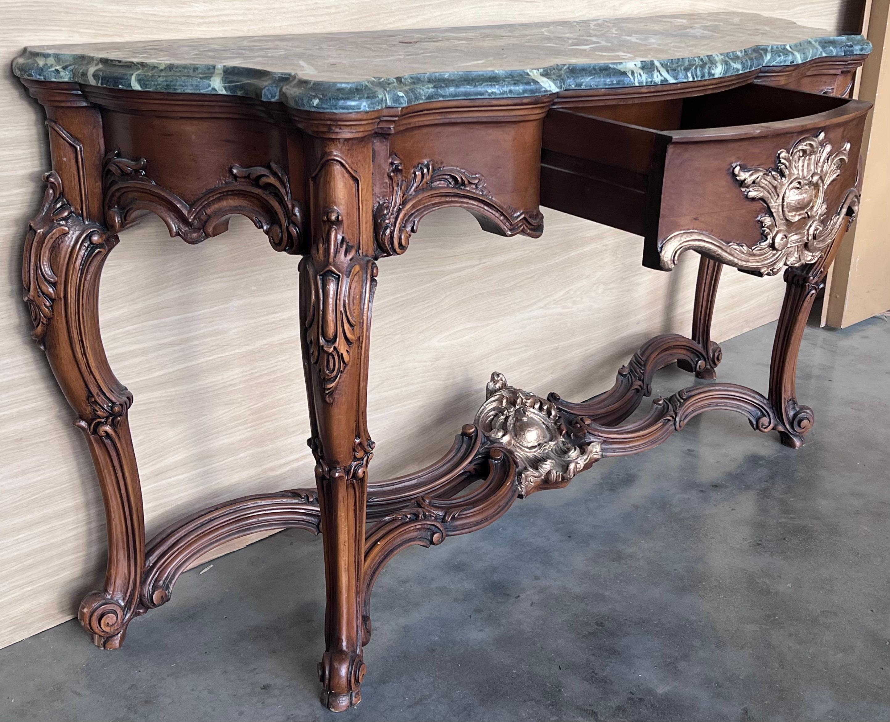 Marble Large French Regency Carved Walnut Console Table with Gilted details and drawer For Sale