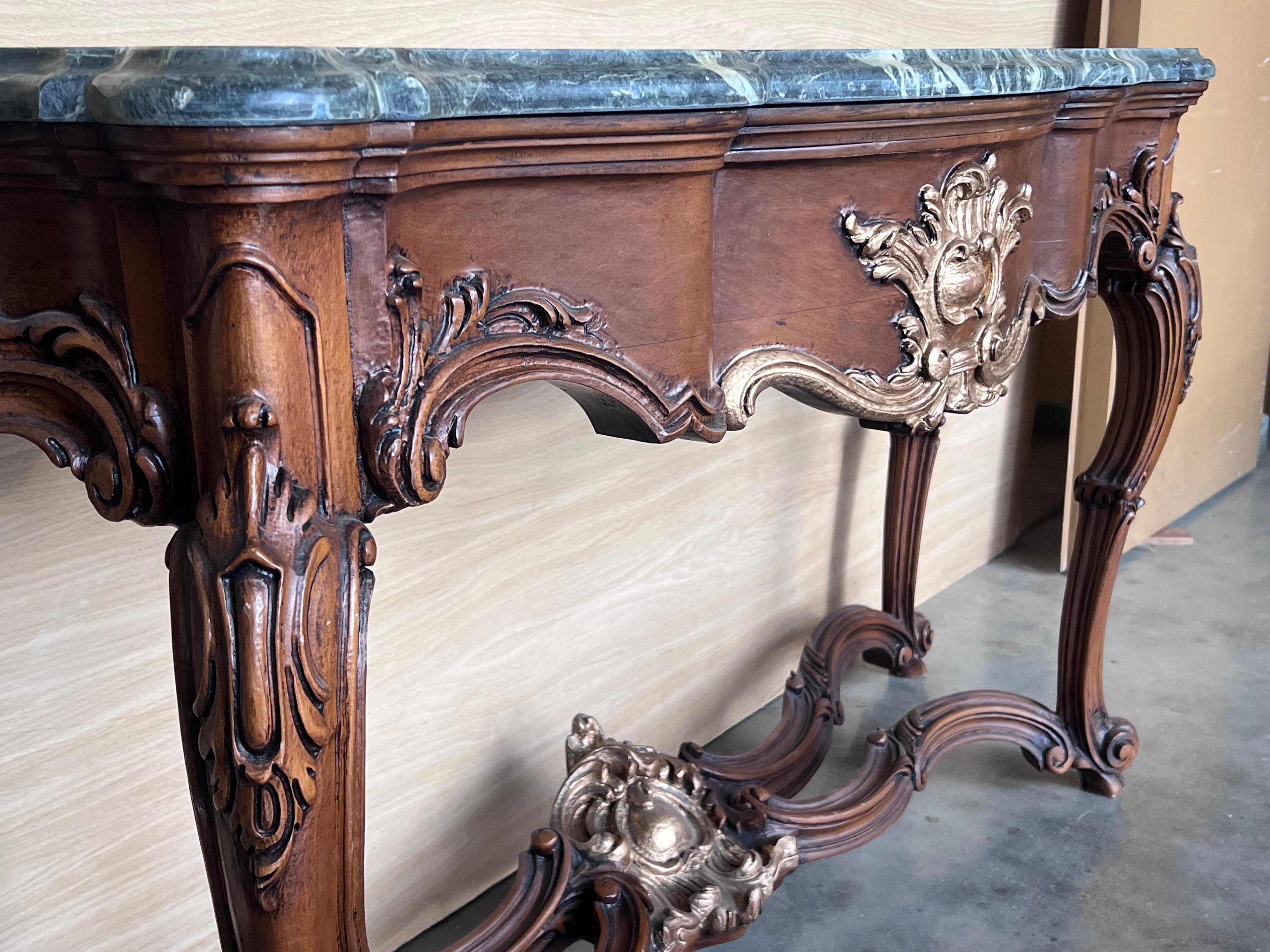 Large French Regency Carved Walnut Console Table with Gilted details and drawer For Sale 2