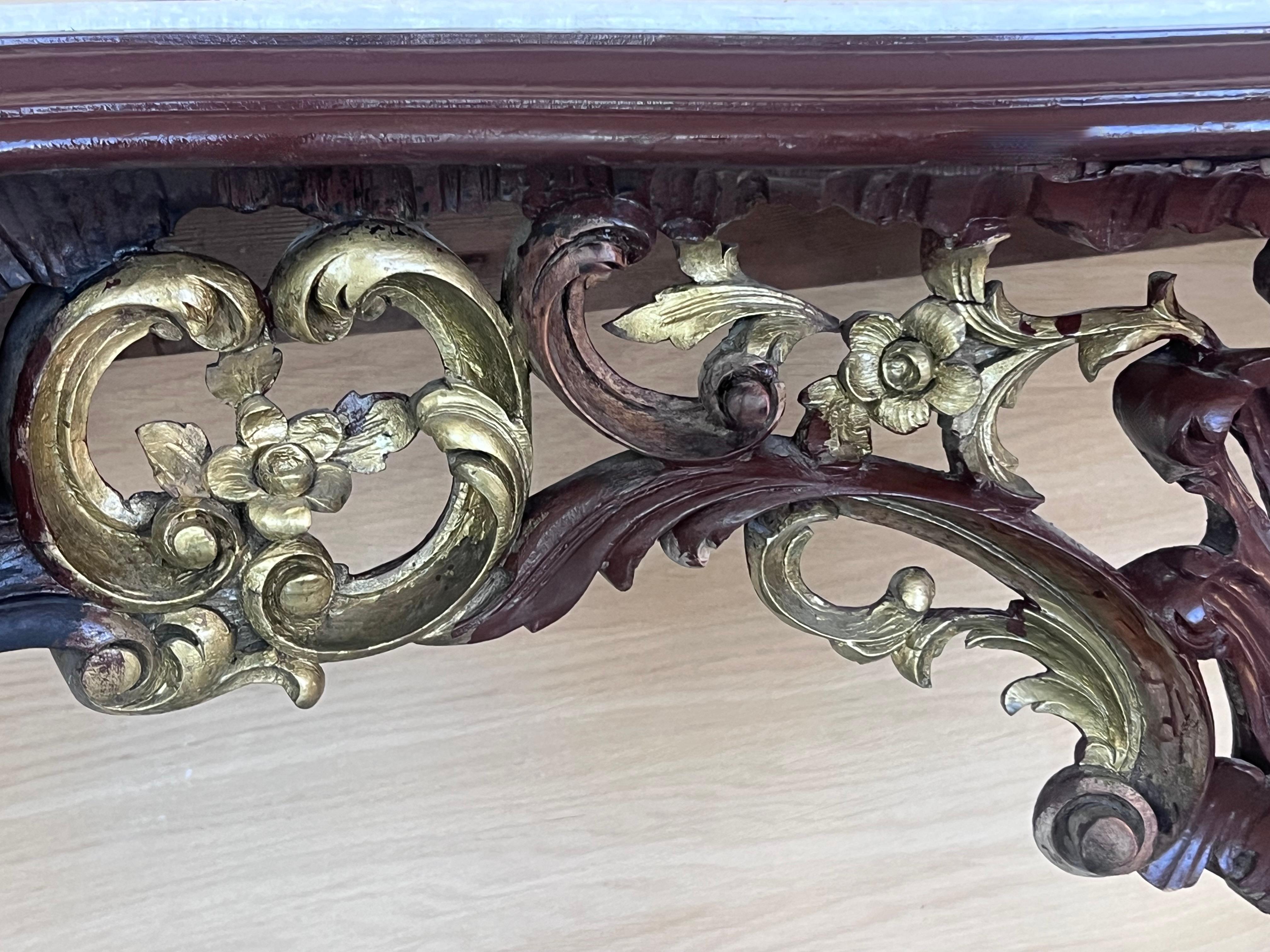 Large French Regency Carved Walnut Console Table with Gilted details and marble For Sale 5