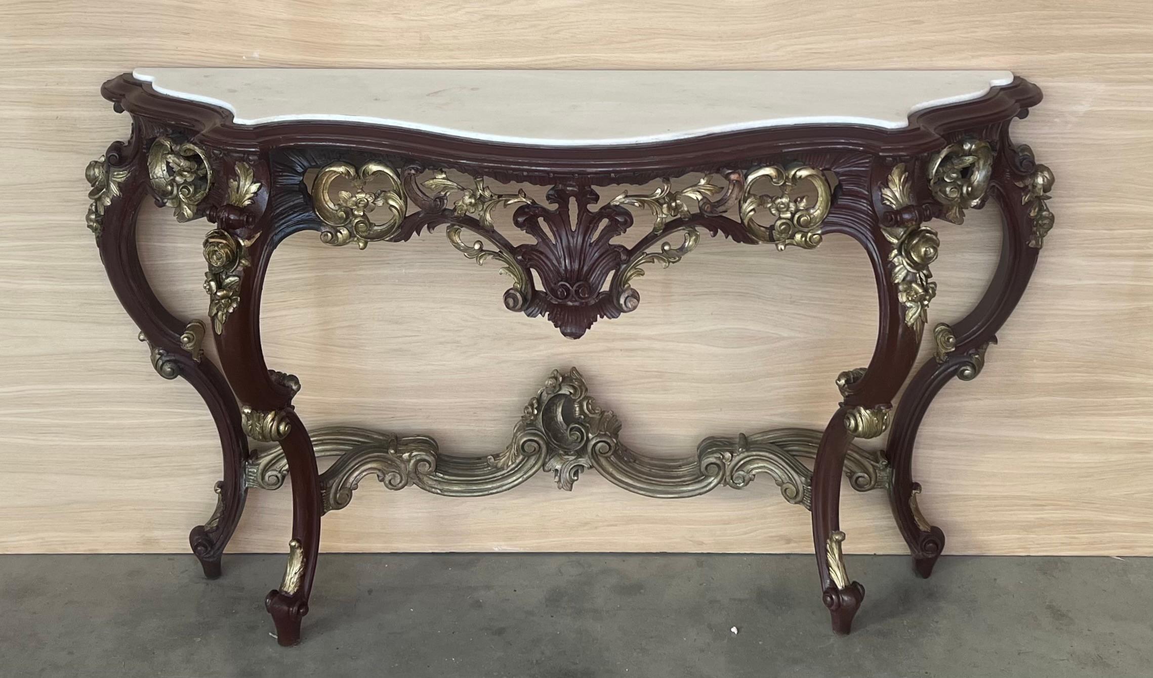 20th Century Large French Regency Carved Walnut Console Table with Gilted details and marble For Sale
