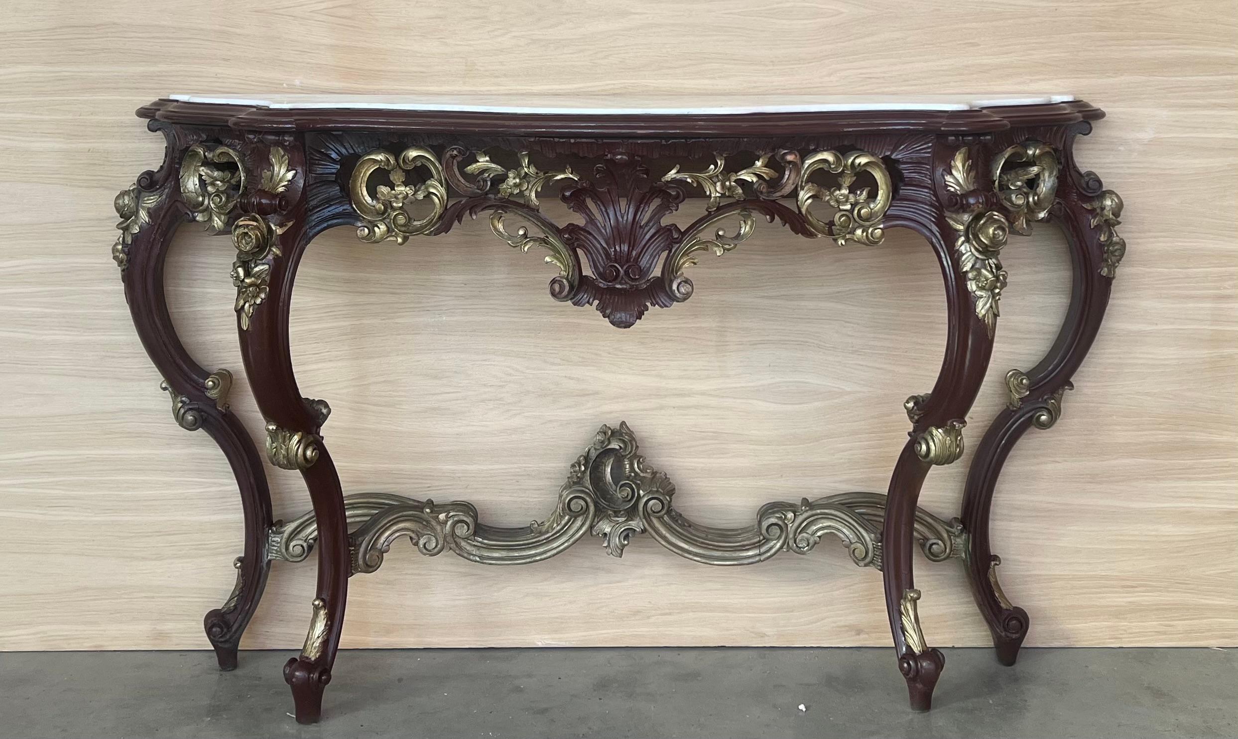 Marble Large French Regency Carved Walnut Console Table with Gilted details and marble For Sale