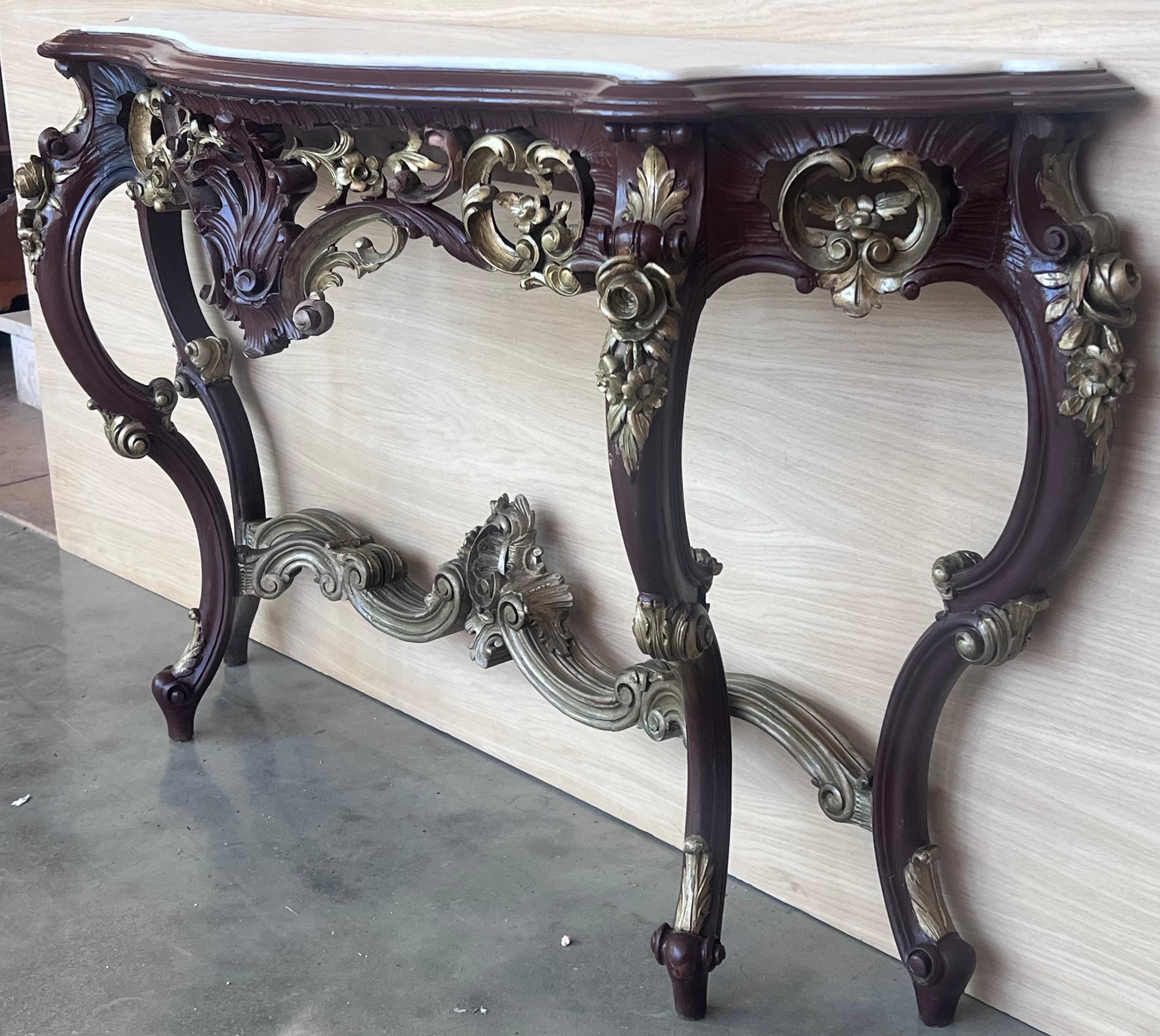 Large French Regency Carved Walnut Console Table with Gilted details and marble For Sale 1