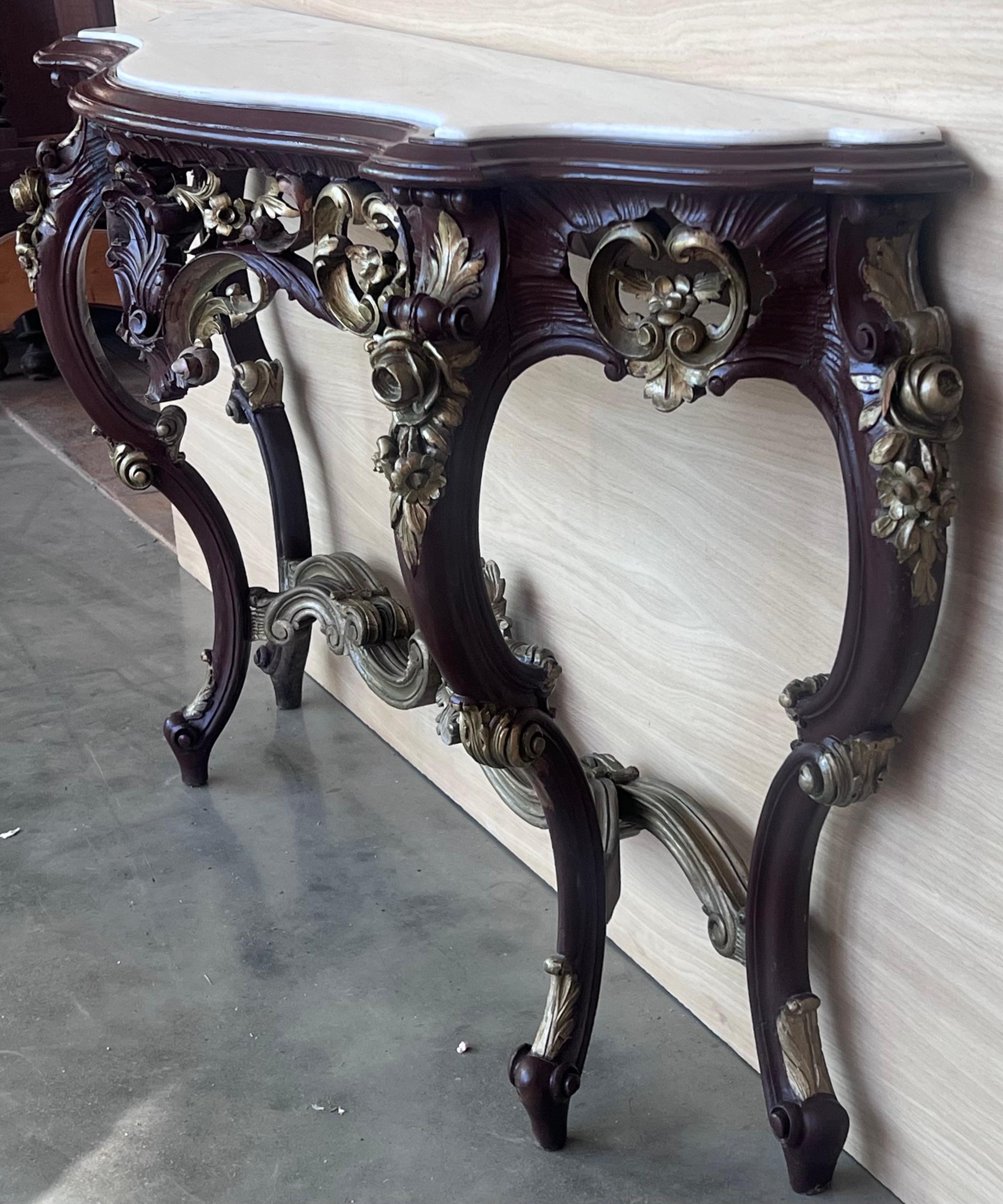 Large French Regency Carved Walnut Console Table with Gilted details and marble For Sale 2