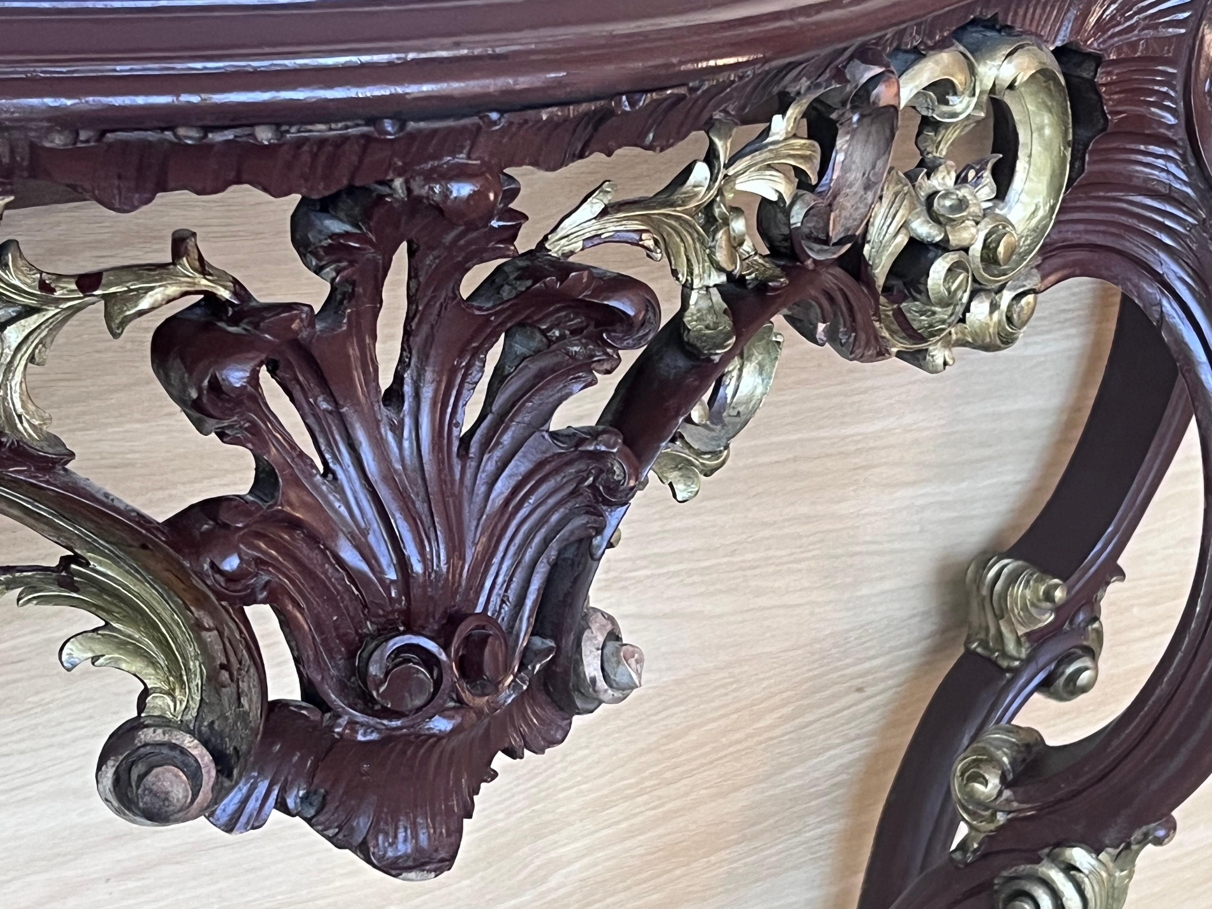 Large French Regency Carved Walnut Console Table with Gilted details and marble For Sale 4