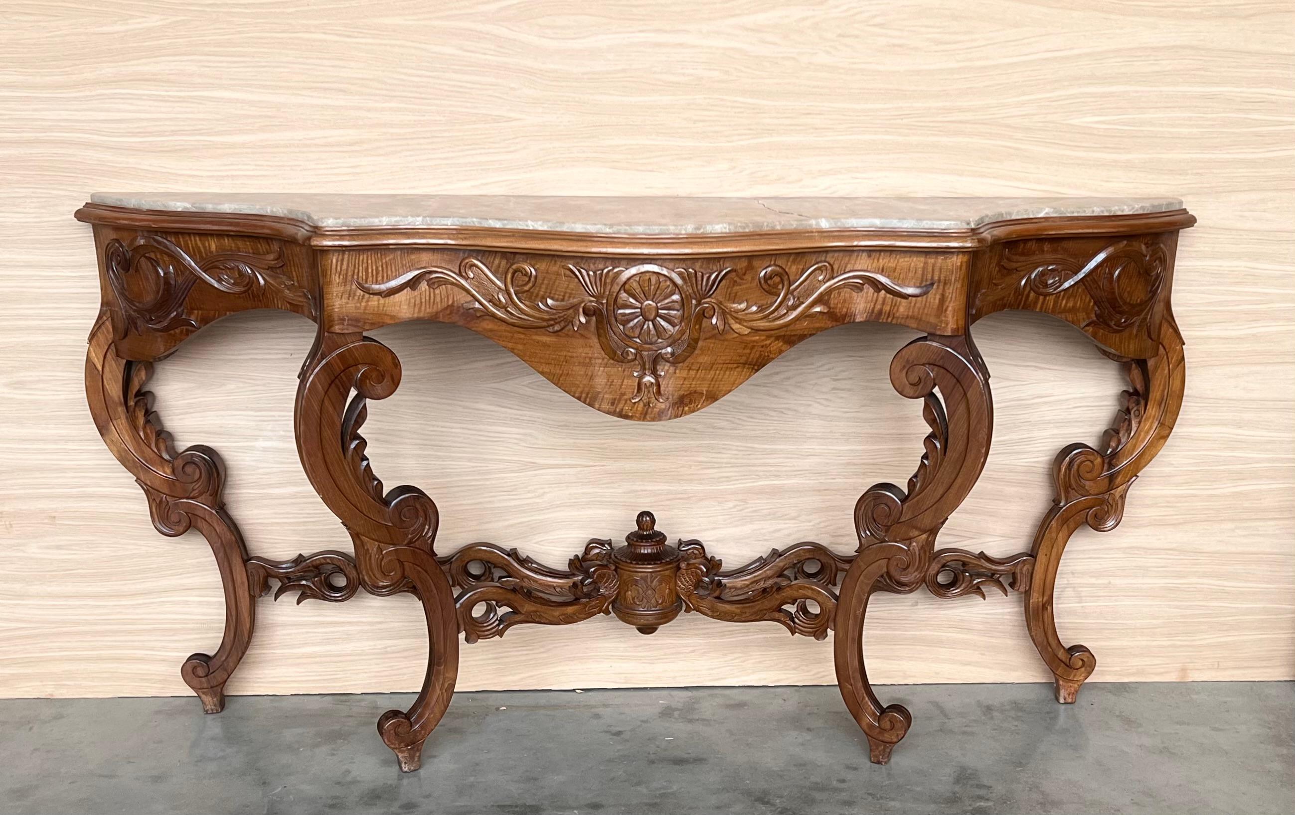 Large French Regency Carved Walnut Console Table with Gilted Edges In Good Condition For Sale In Miami, FL