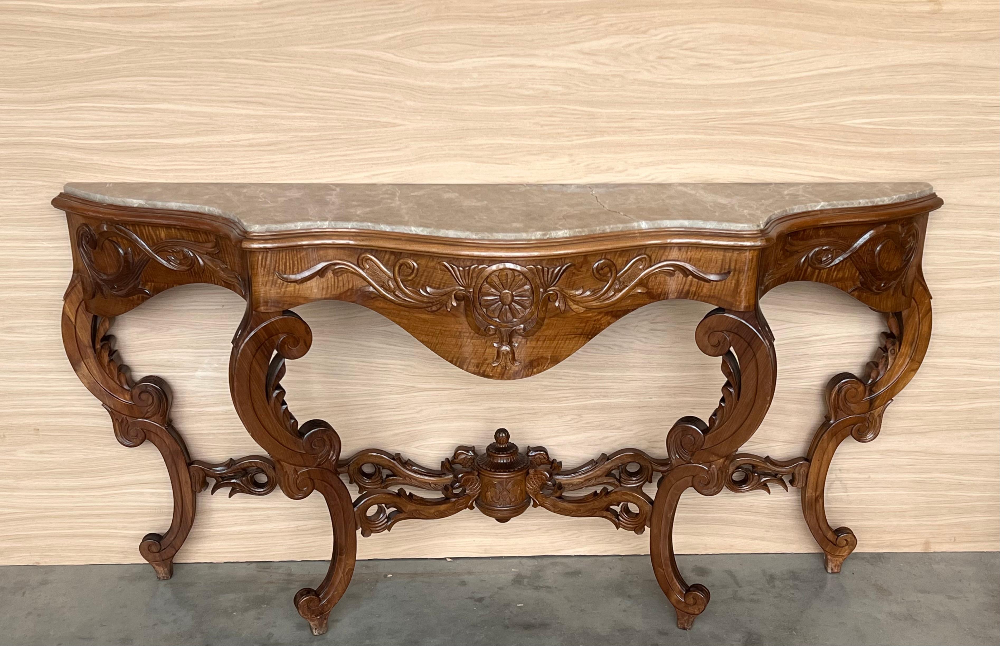 Marble Large French Regency Carved Walnut Console Table with Gilted Edges For Sale