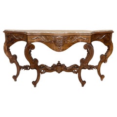 Large French Regency Carved Walnut Console Table with Gilted Edges