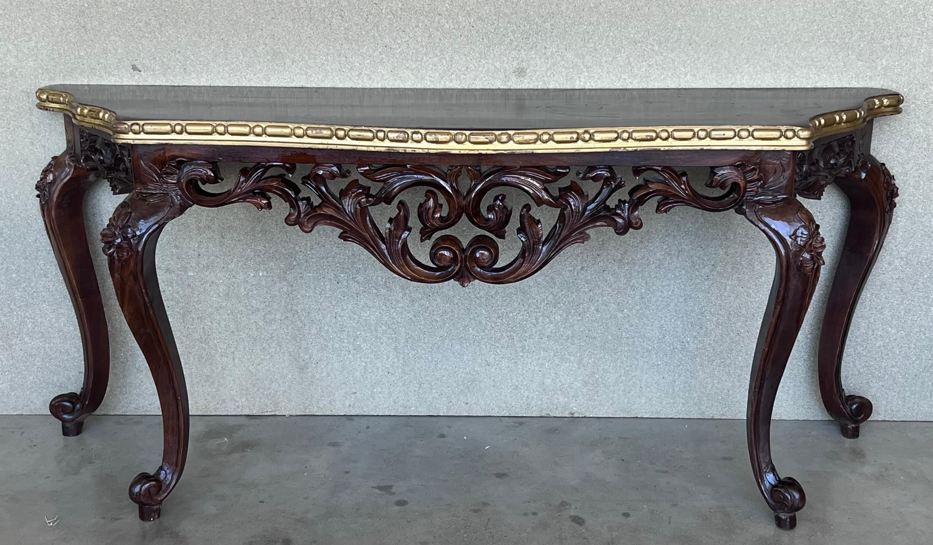 20th Century Large French Regency Carved Walnut Console Table with Gilted Edges For Sale