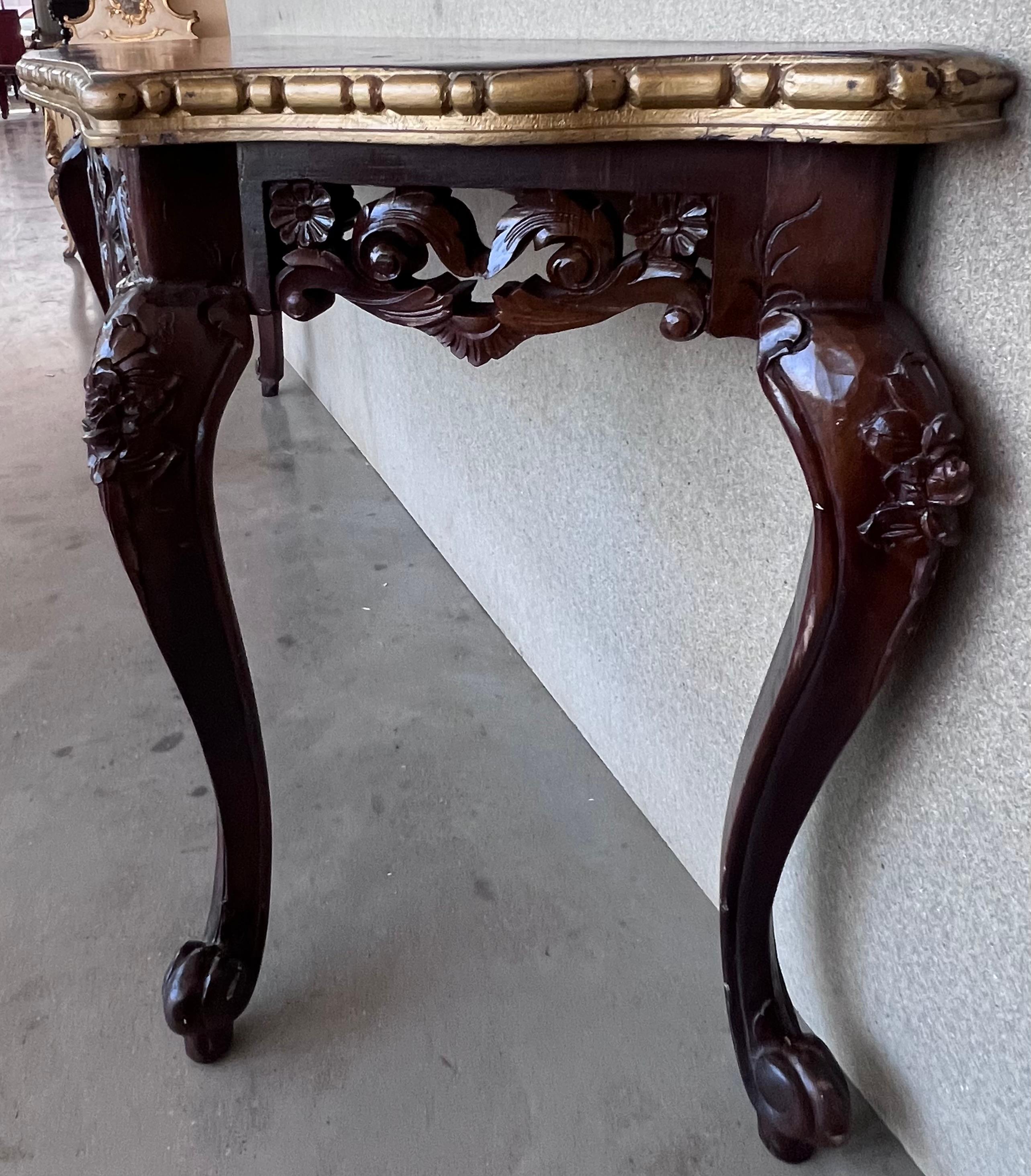 Marble Large French Regency Carved Walnut Console Table with Gilted Edges For Sale