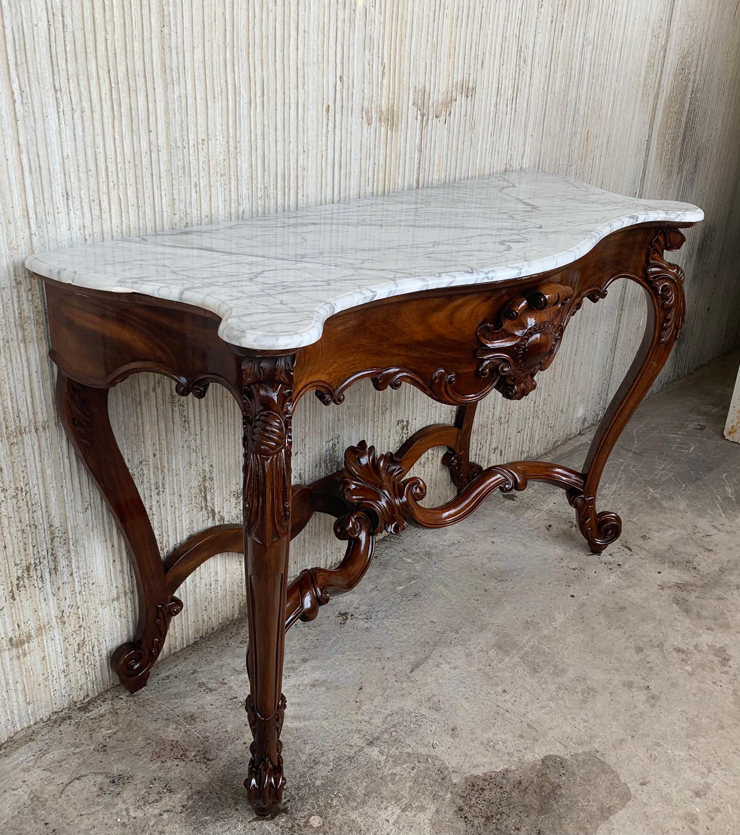 Large French Regency Carved Walnut Console Table with White Marble Top '2 Avai' For Sale 6