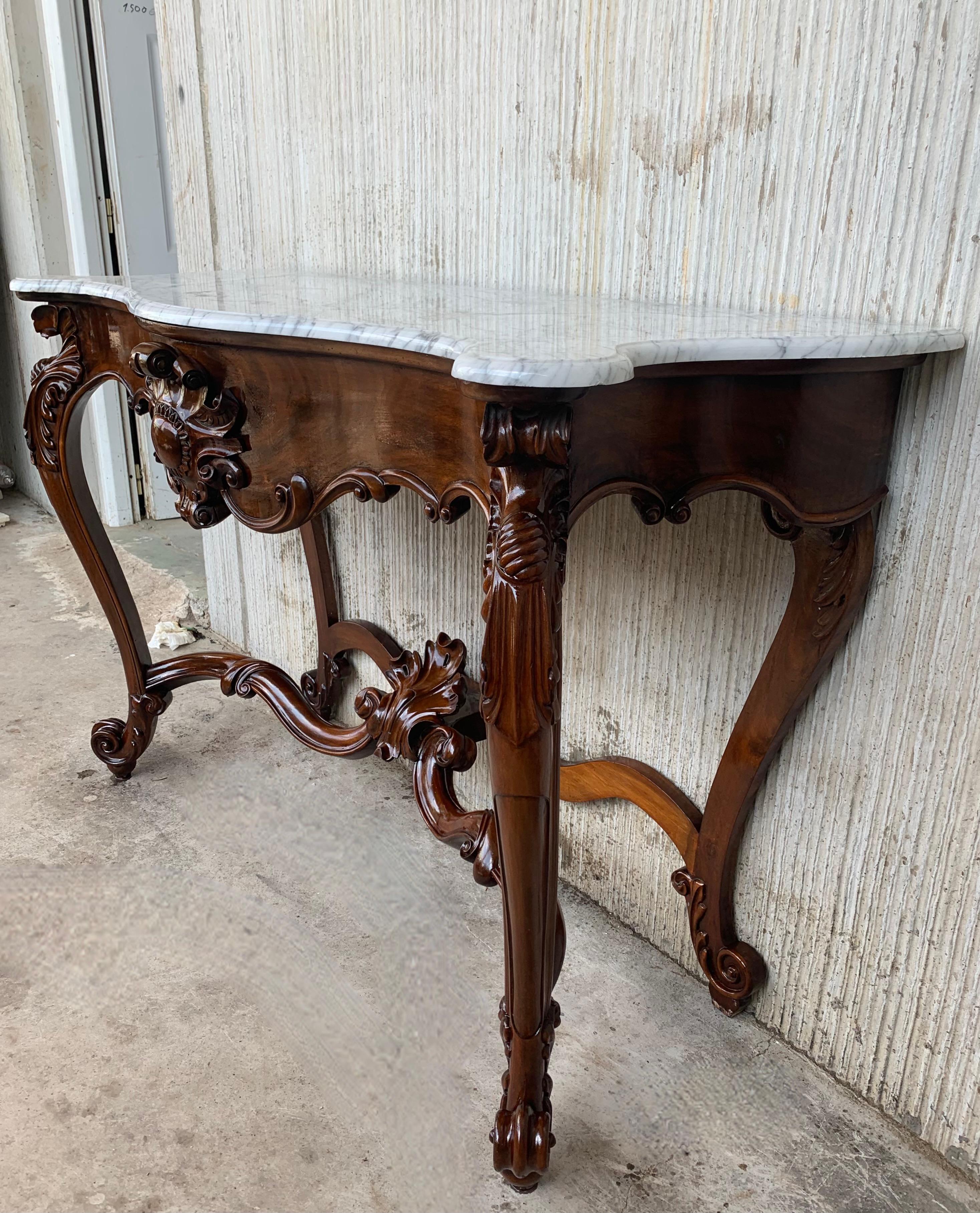 Large French Regency Carved Walnut Console Table with White Marble Top '2 Avai' For Sale 7