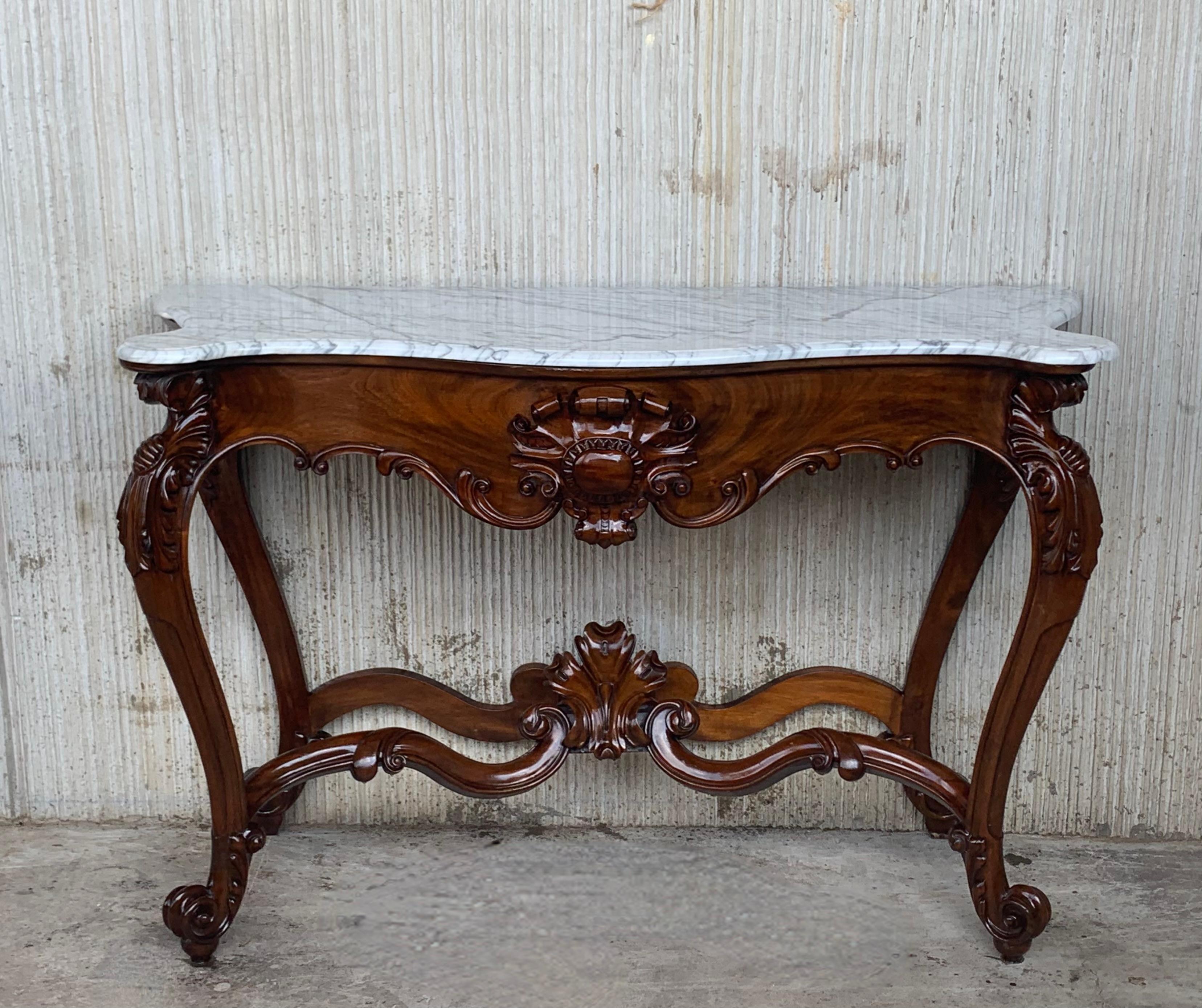 Large French Regency Carved Walnut Console Table with White Marble Top '2 Avai' In Good Condition For Sale In Miami, FL