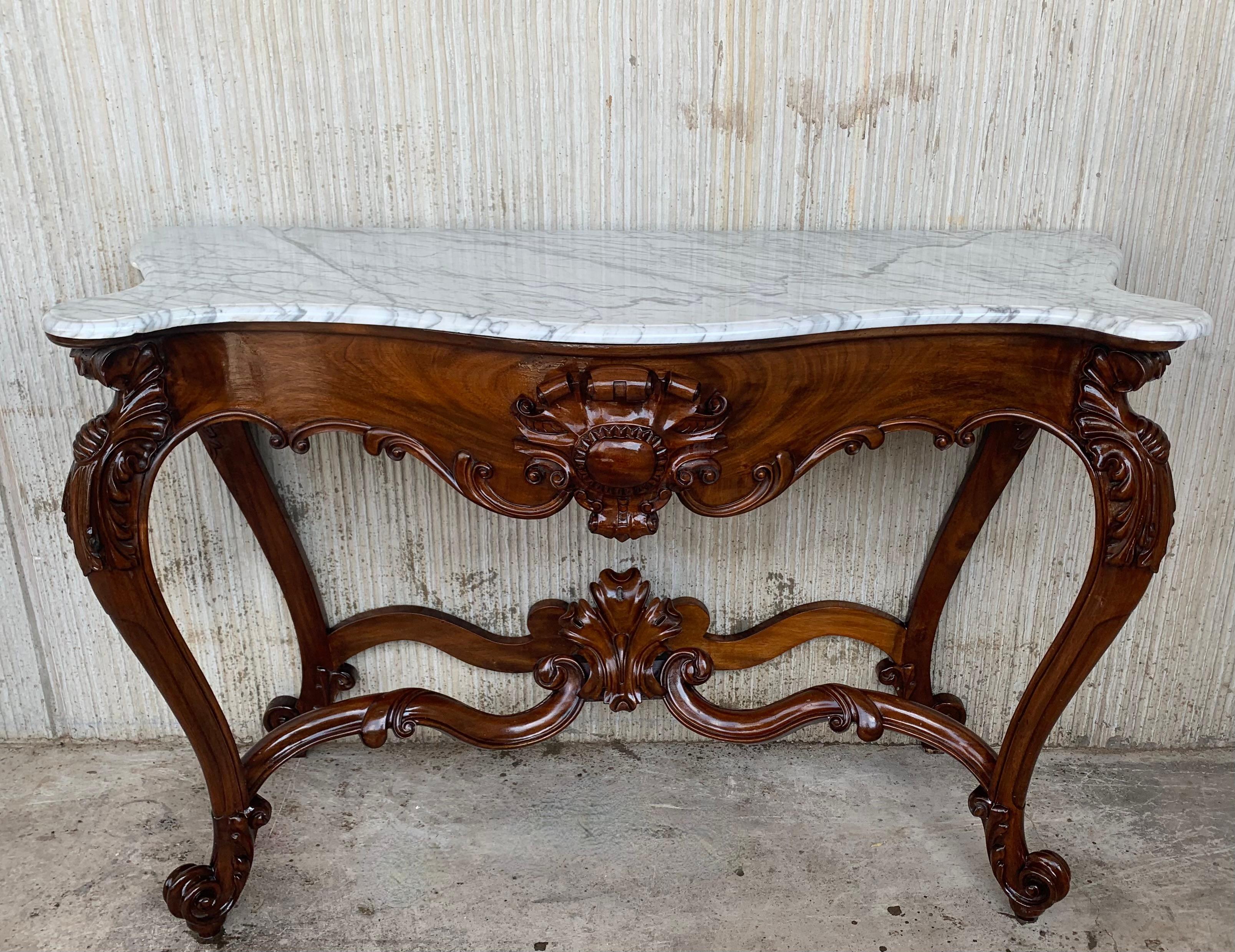 20th Century Large French Regency Carved Walnut Console Table with White Marble Top '2 Avai' For Sale
