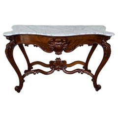 Antique Large French Regency Carved Walnut Console Table with White Marble Top '2 Avai'