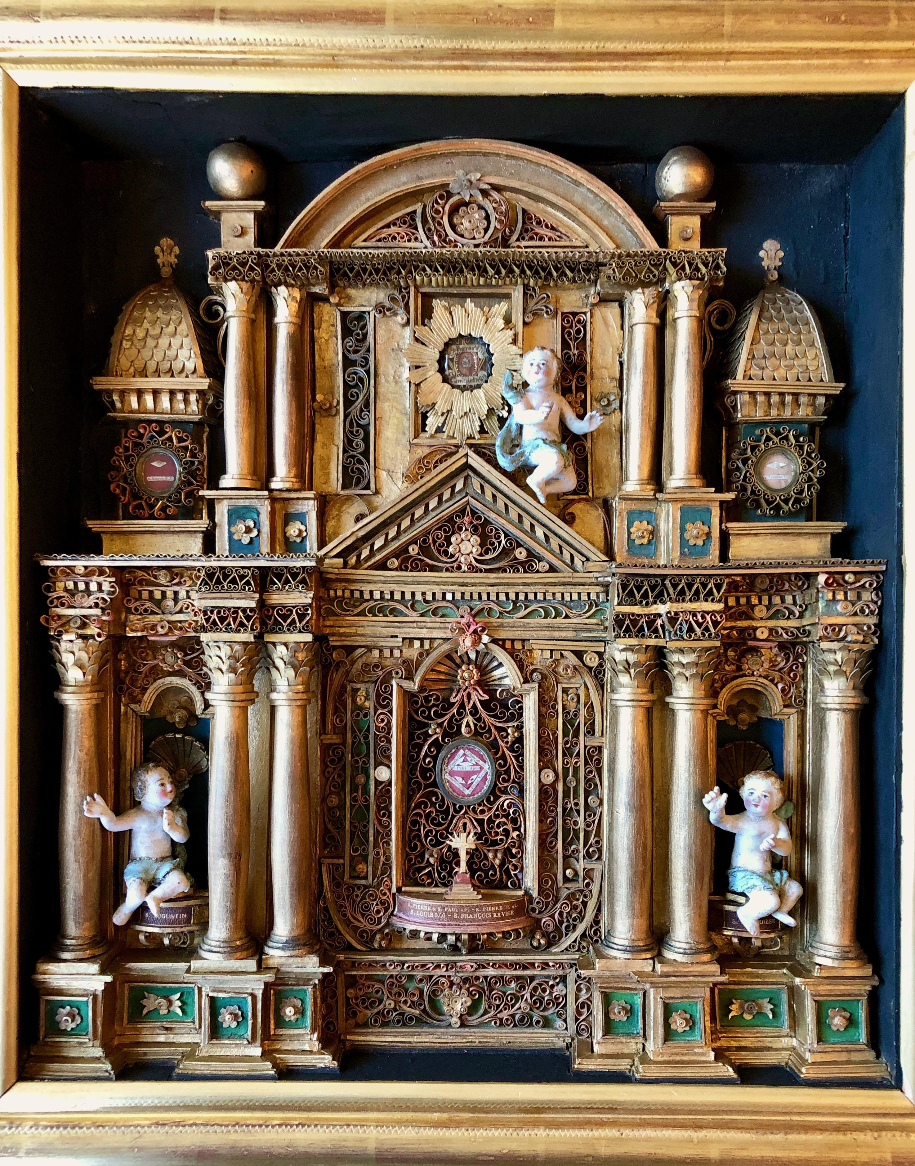 Gilt Large French Reliquary with Relics of Saints and Paperolles, 1800s For Sale